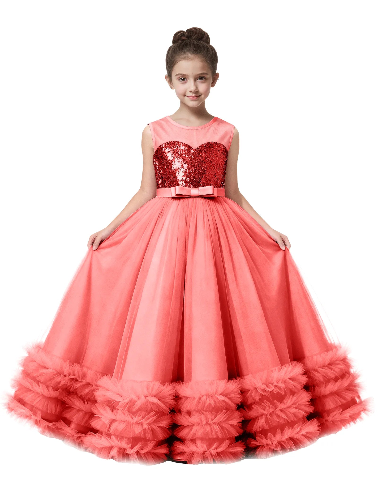 Sequin Tulle Ball Gown Dress with Bow for Girls