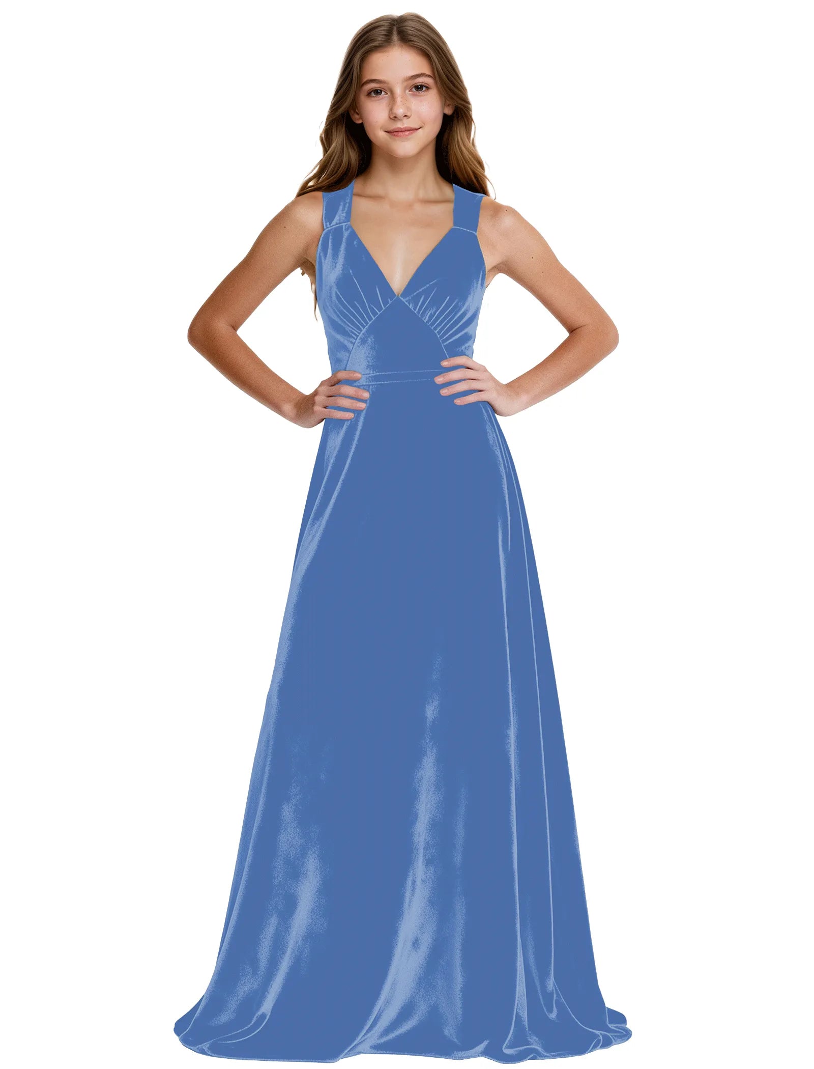 Girls Velvet A-Line Formal Gown with V-Neckline