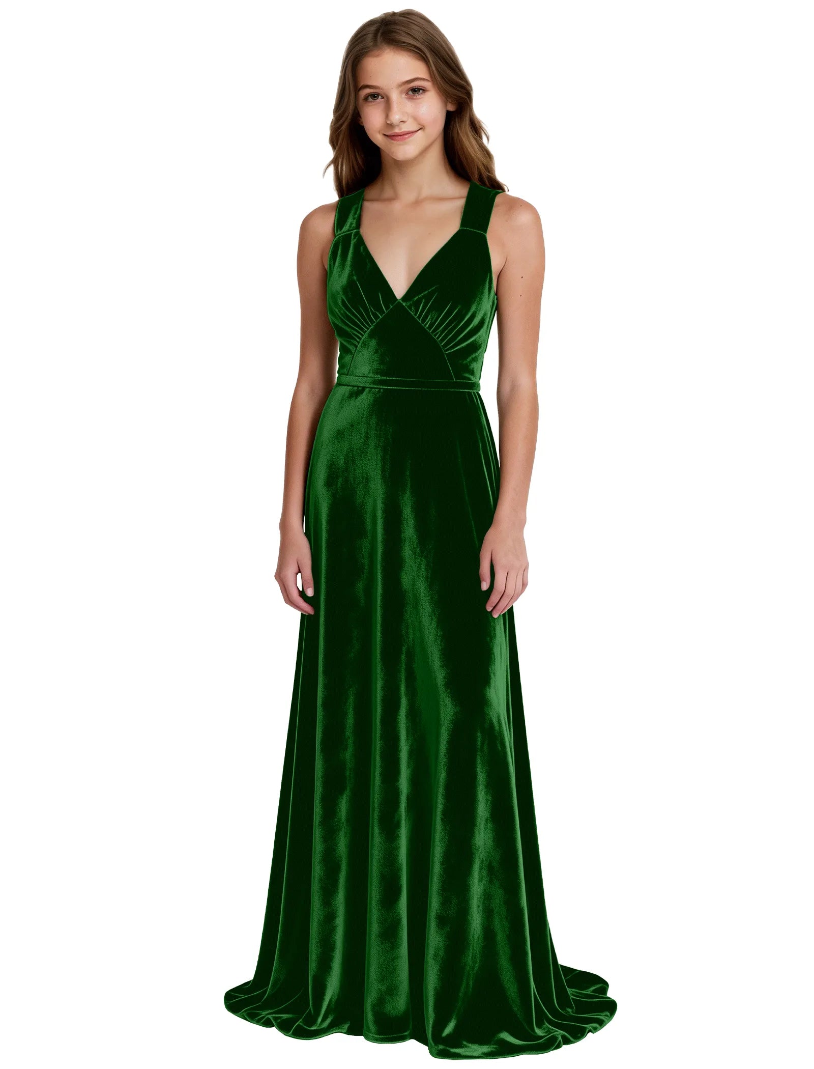 Girls Velvet A-Line Formal Gown with V-Neckline