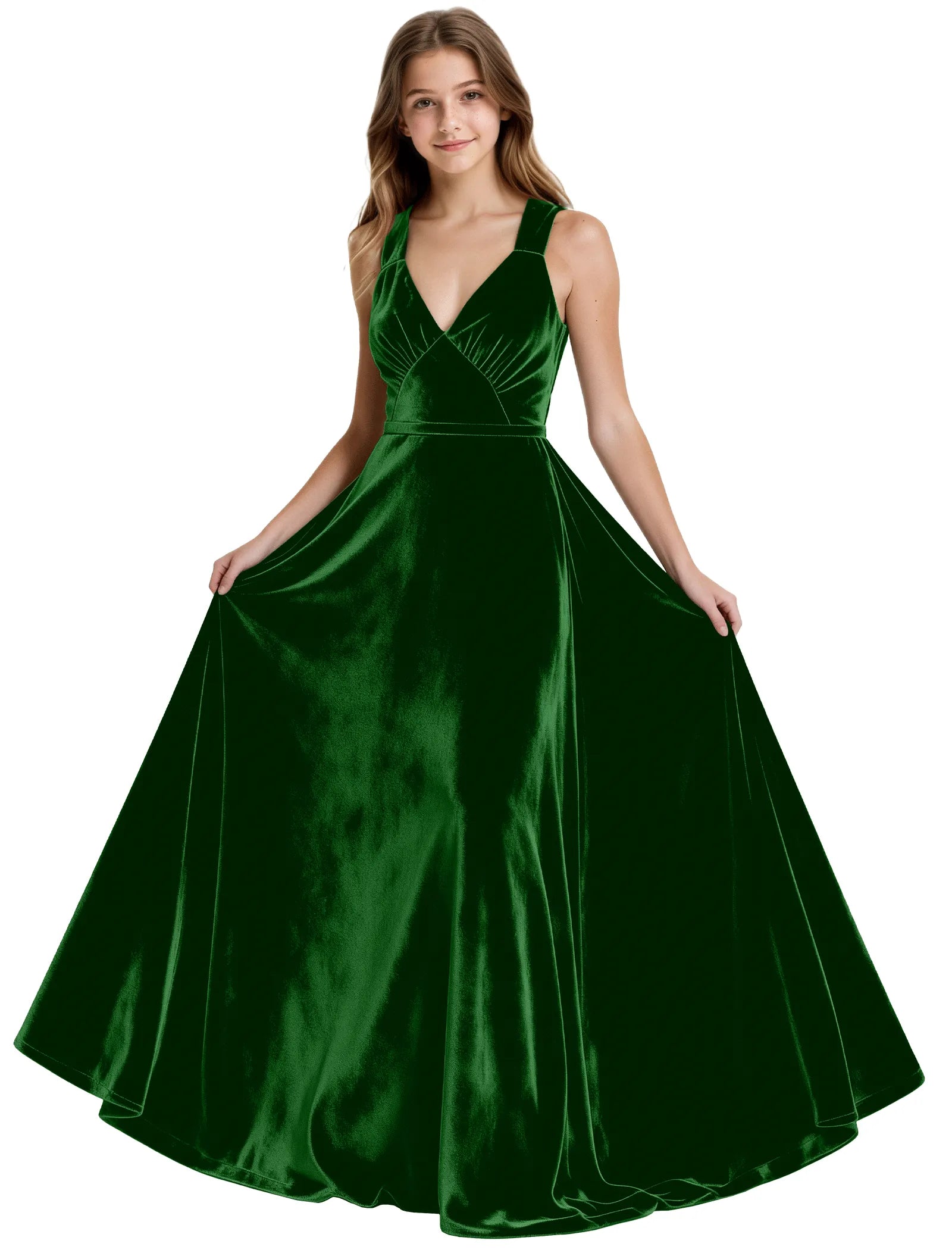 Girls Velvet A-Line Formal Gown with V-Neckline