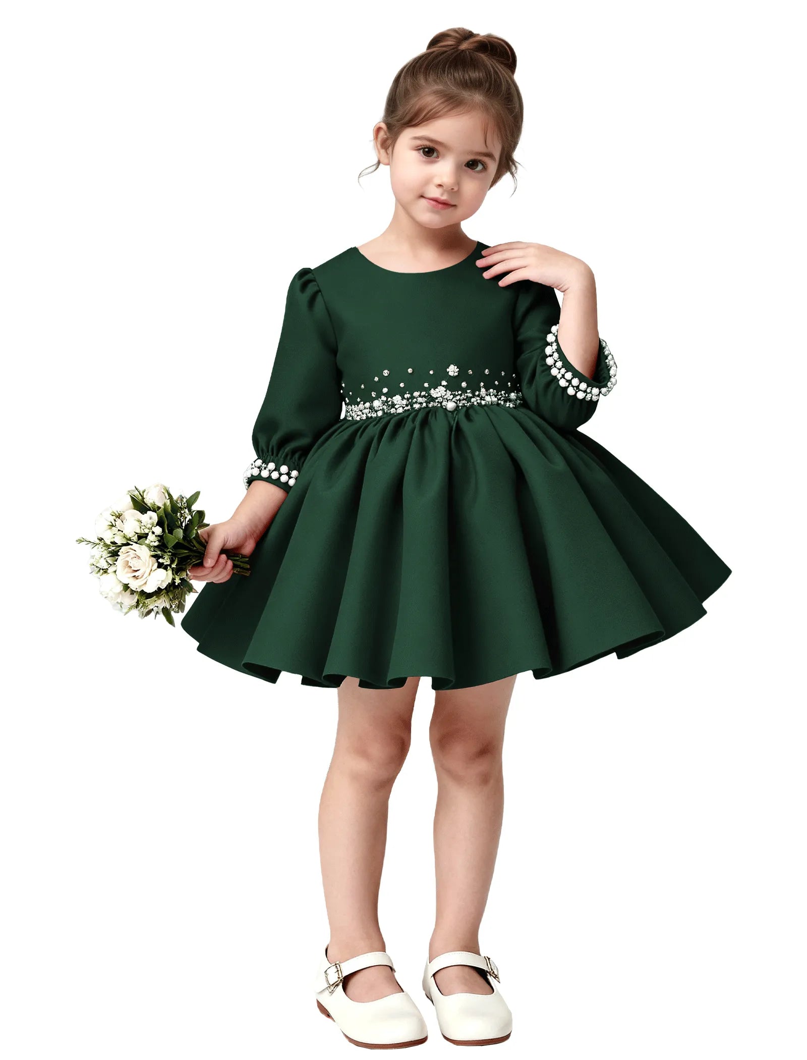 Girls Long Sleeve Satin Pearl Dress with Bow Back