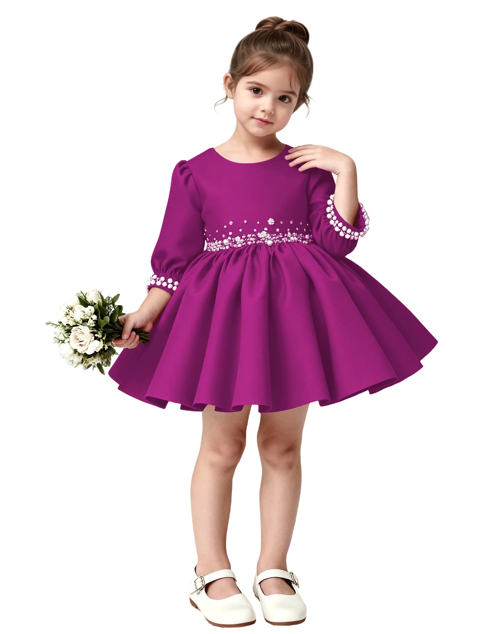 Girls Long Sleeve Satin Pearl Dress with Bow Back