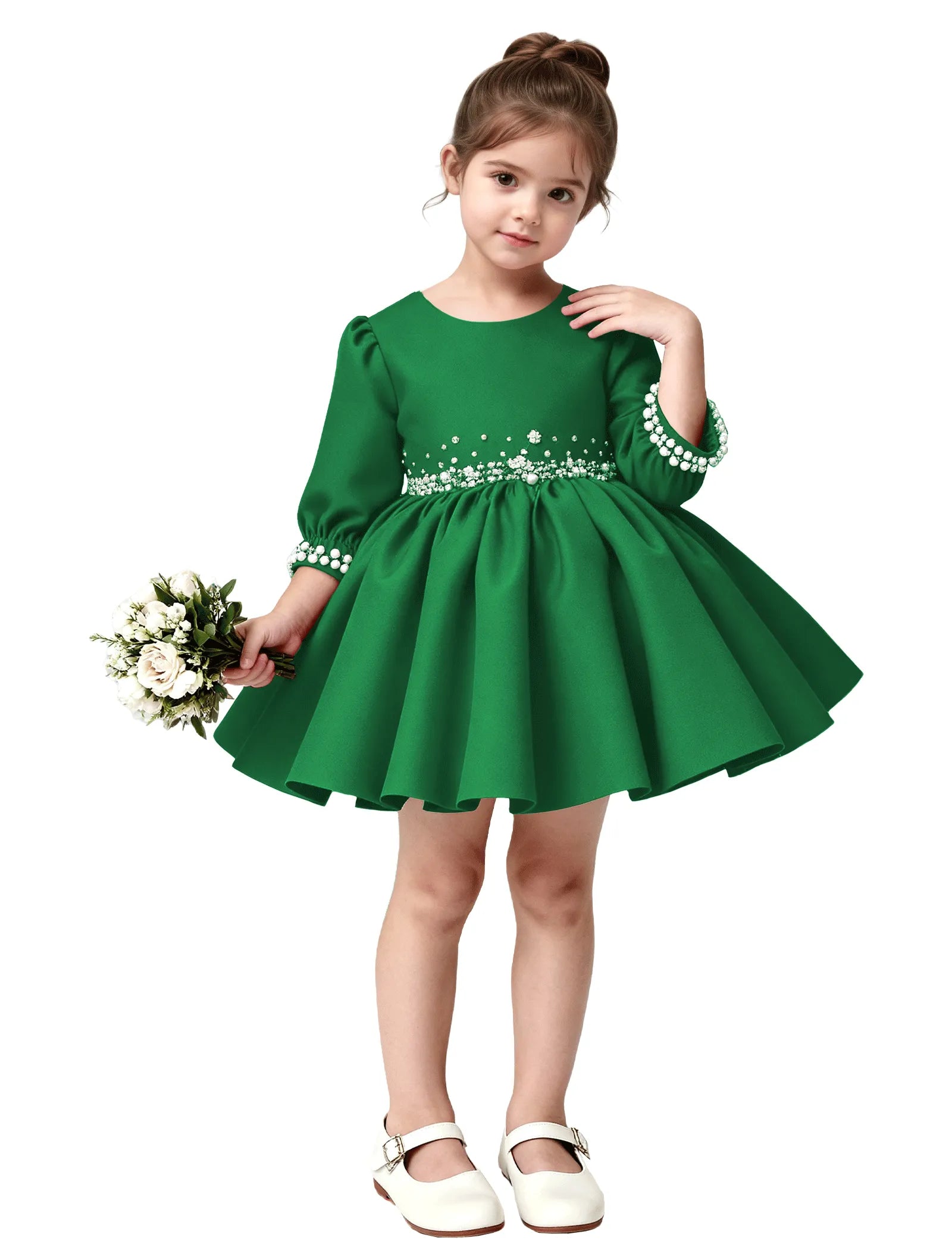 Girls Long Sleeve Satin Pearl Dress with Bow Back