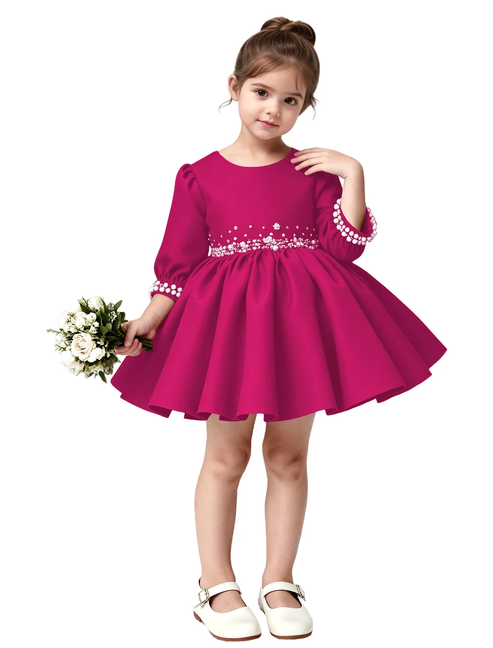 Girls Long Sleeve Satin Pearl Dress with Bow Back