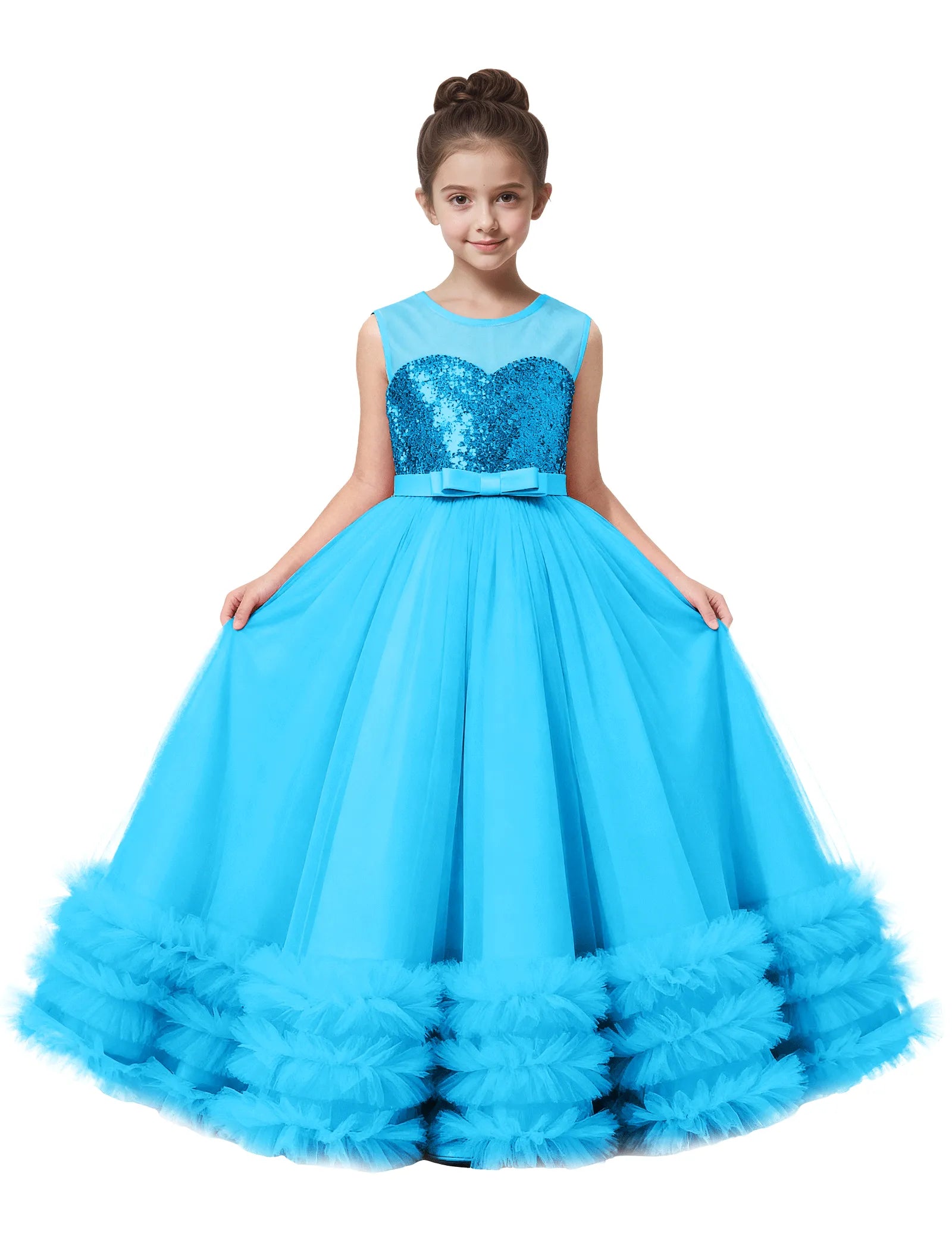 Sequin Tulle Ball Gown Dress with Bow for Girls