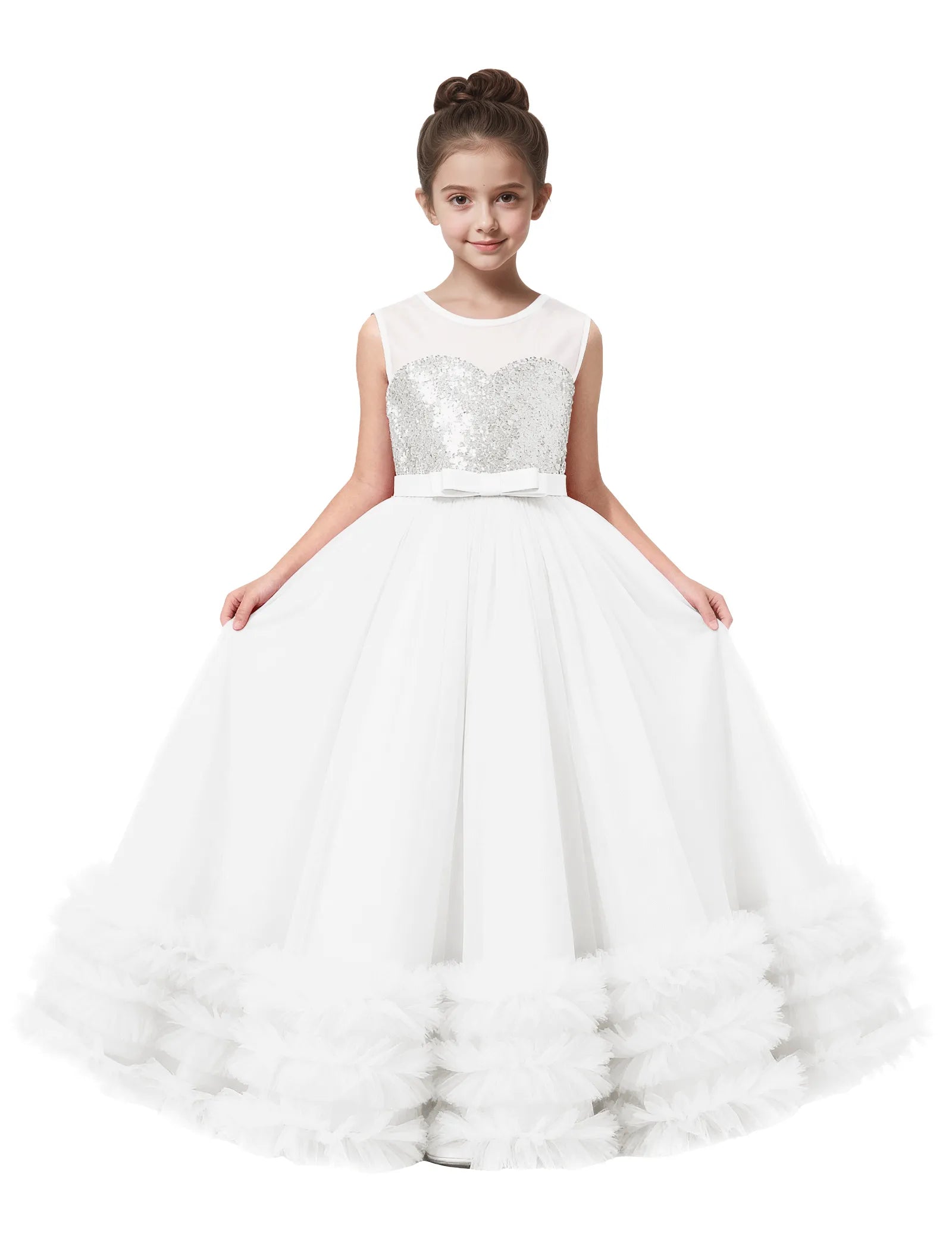Sequin Tulle Ball Gown Dress with Bow for Girls