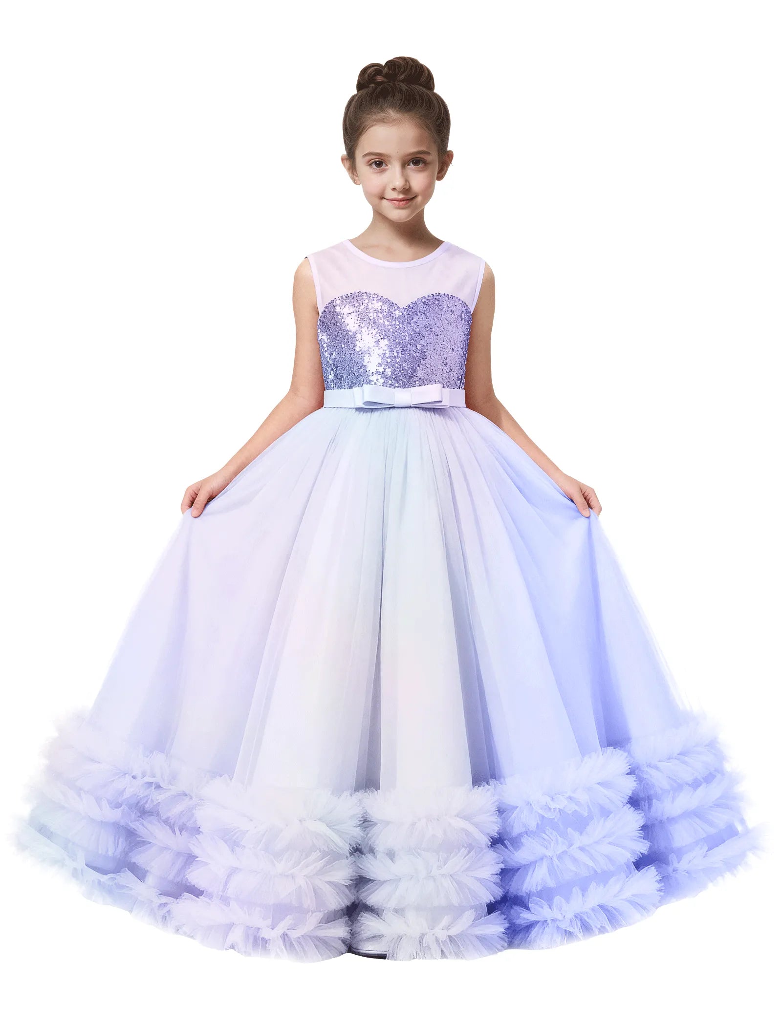 Sequin Tulle Ball Gown Dress with Bow for Girls