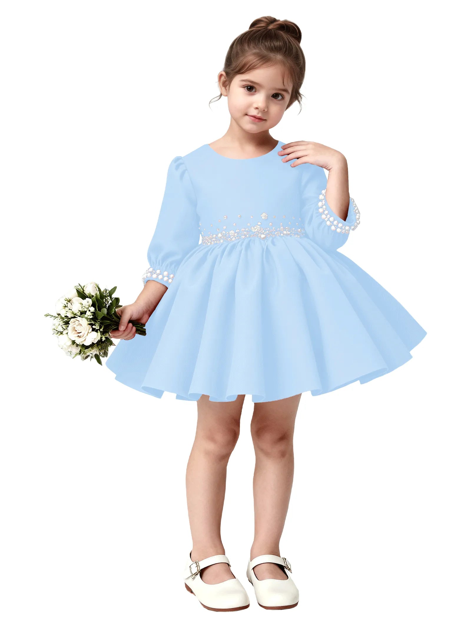 Girls Long Sleeve Satin Pearl Dress with Bow Back