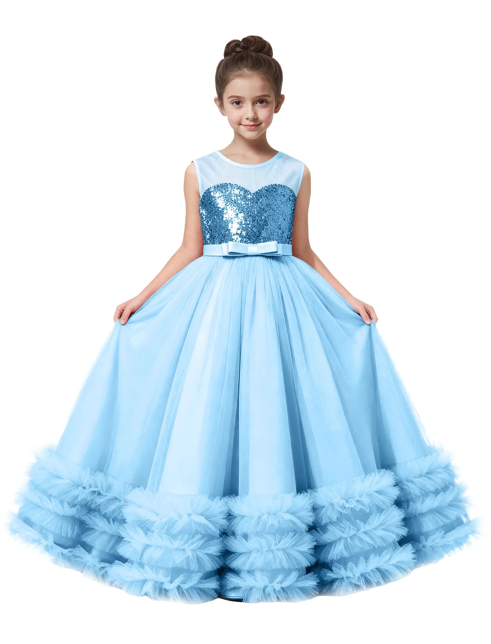 Sequin Tulle Ball Gown Dress with Bow for Girls