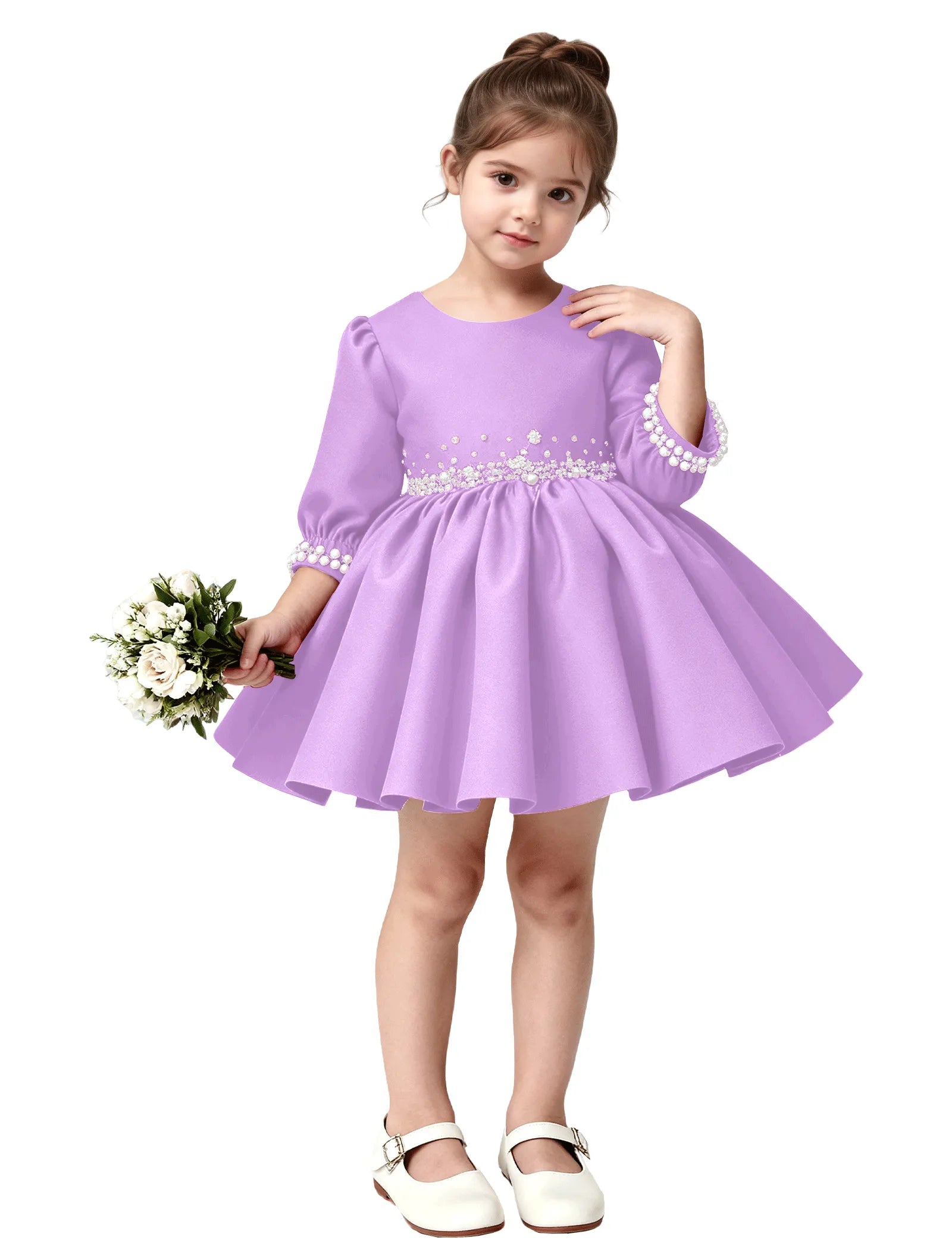 Girls Long Sleeve Satin Pearl Dress with Bow Back
