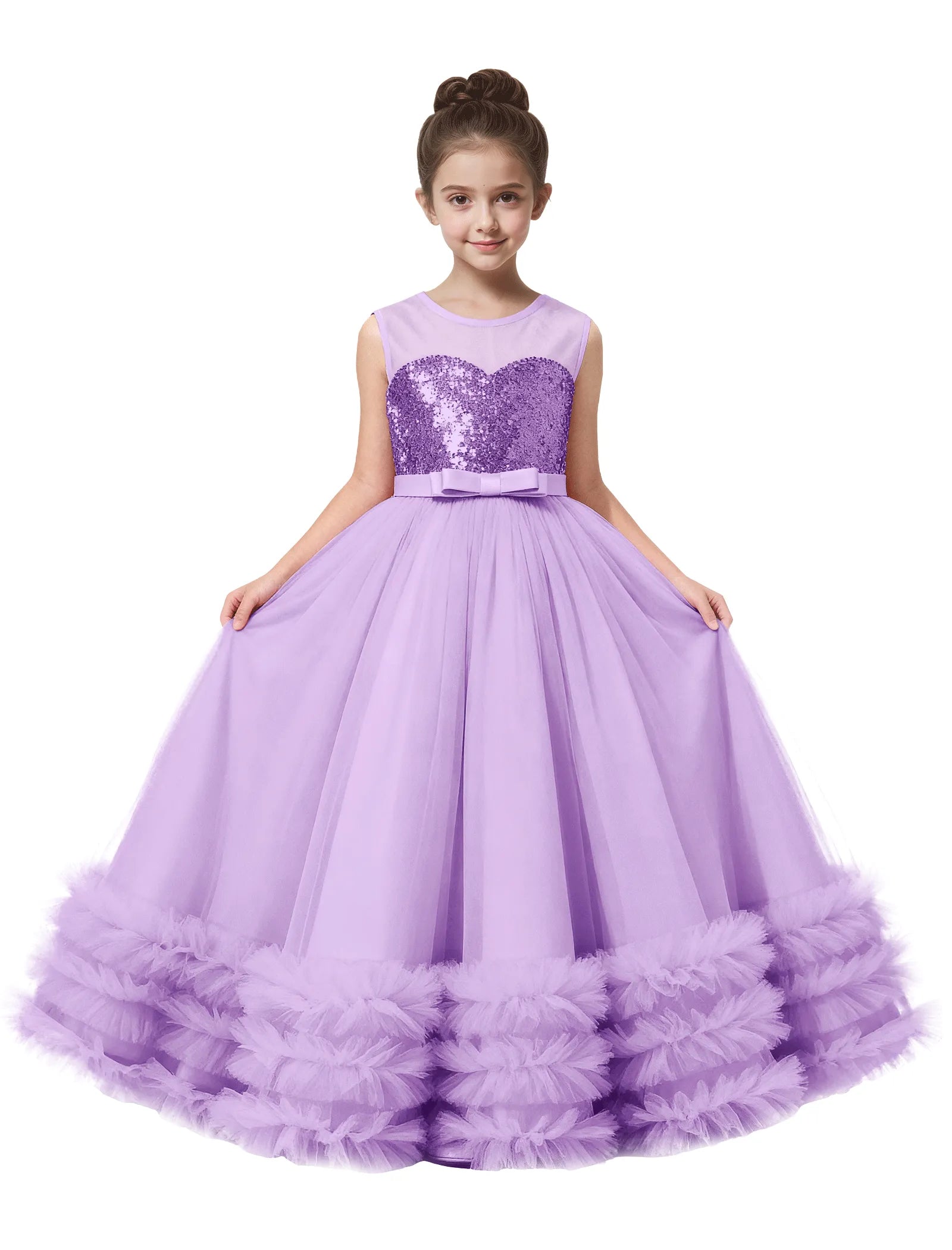 Sequin Tulle Ball Gown Dress with Bow for Girls