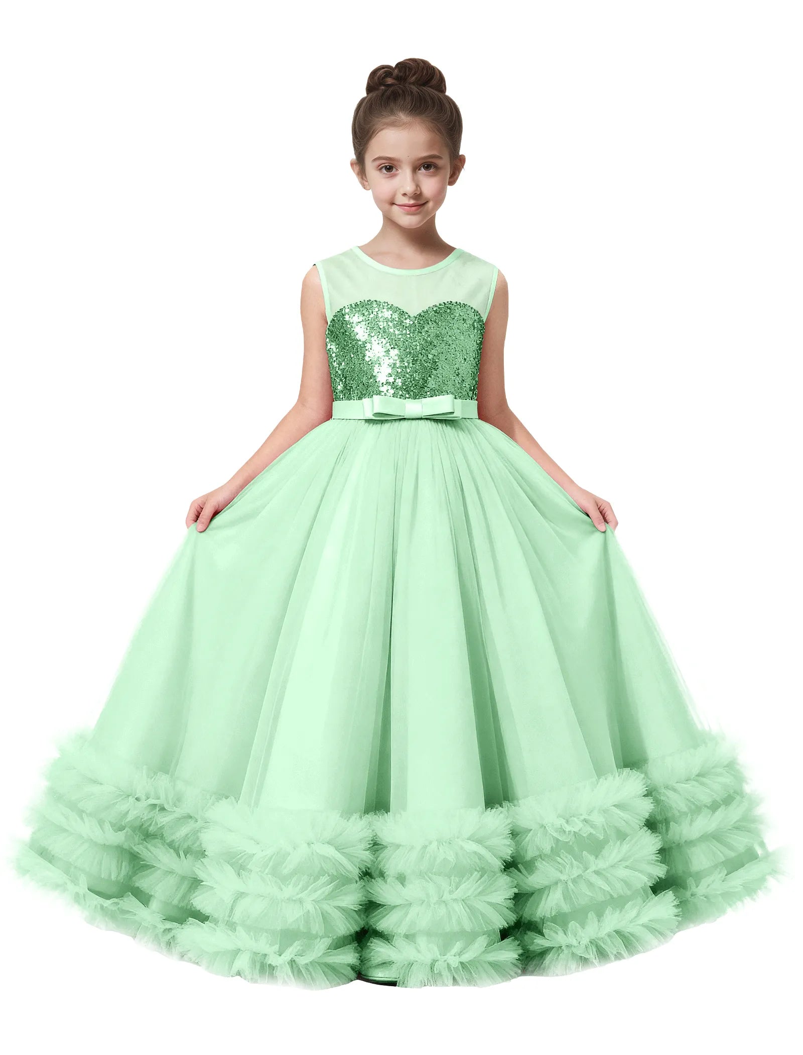 Sequin Tulle Ball Gown Dress with Bow for Girls