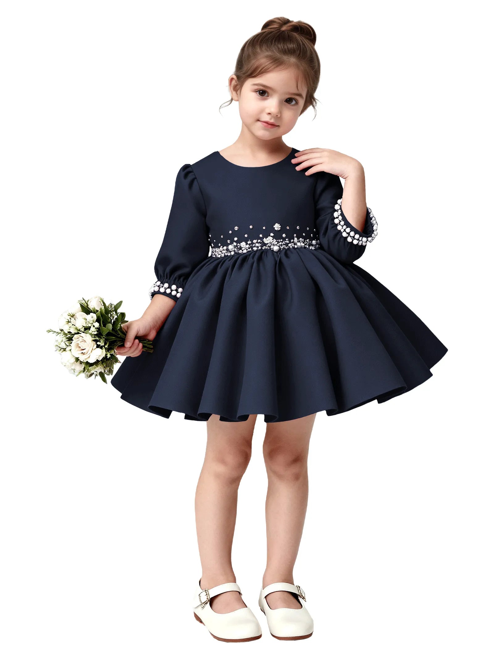 Girls Long Sleeve Satin Pearl Dress with Bow Back