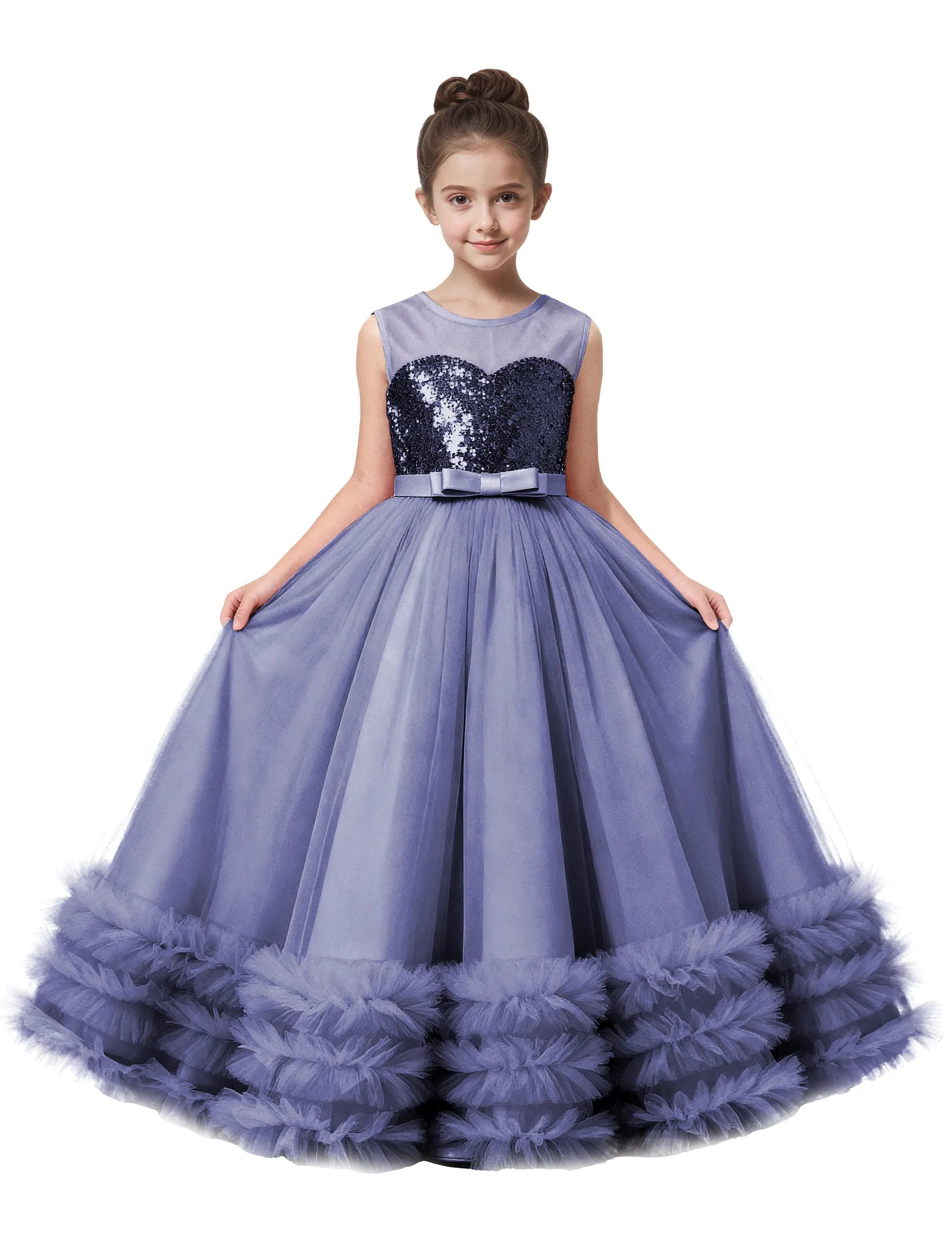 Sequin Tulle Ball Gown Dress with Bow for Girls