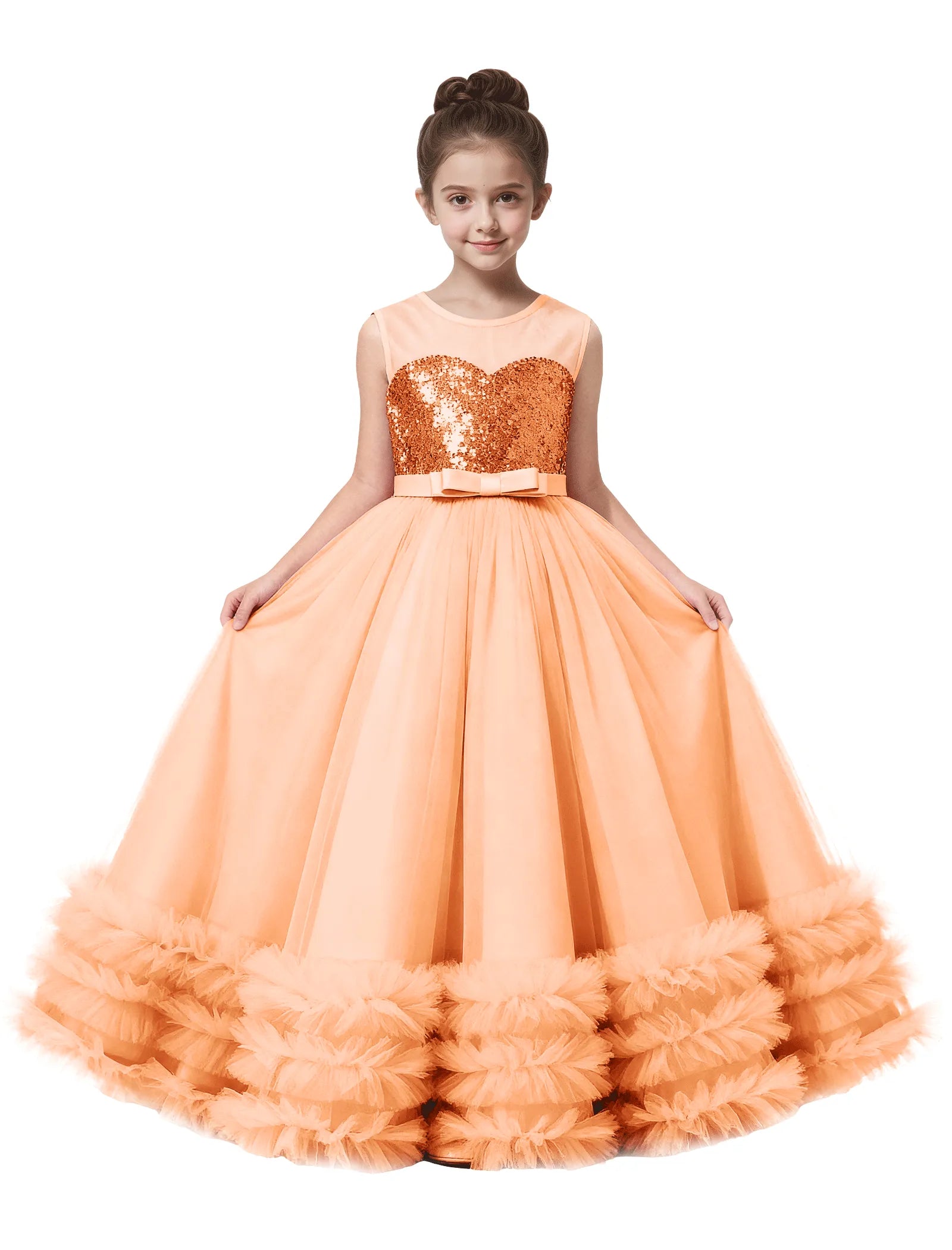 Sequin Tulle Ball Gown Dress with Bow for Girls