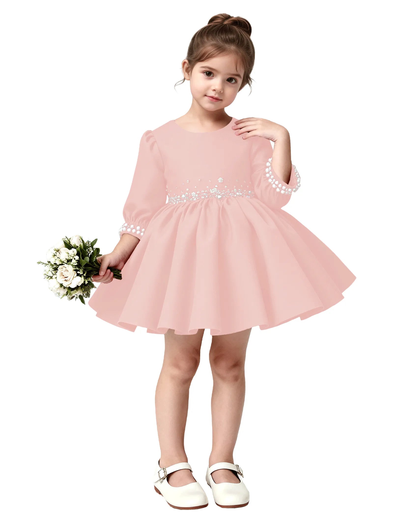 Girls Long Sleeve Satin Pearl Dress with Bow Back