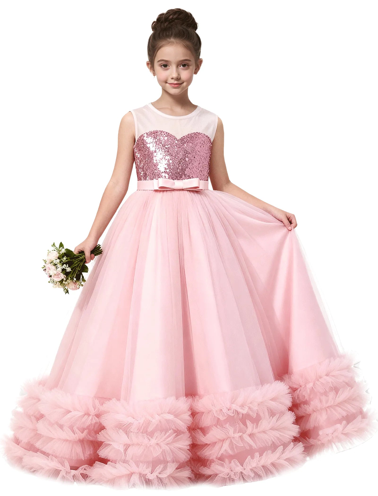 Sequin Tulle Ball Gown Dress with Bow for Girls