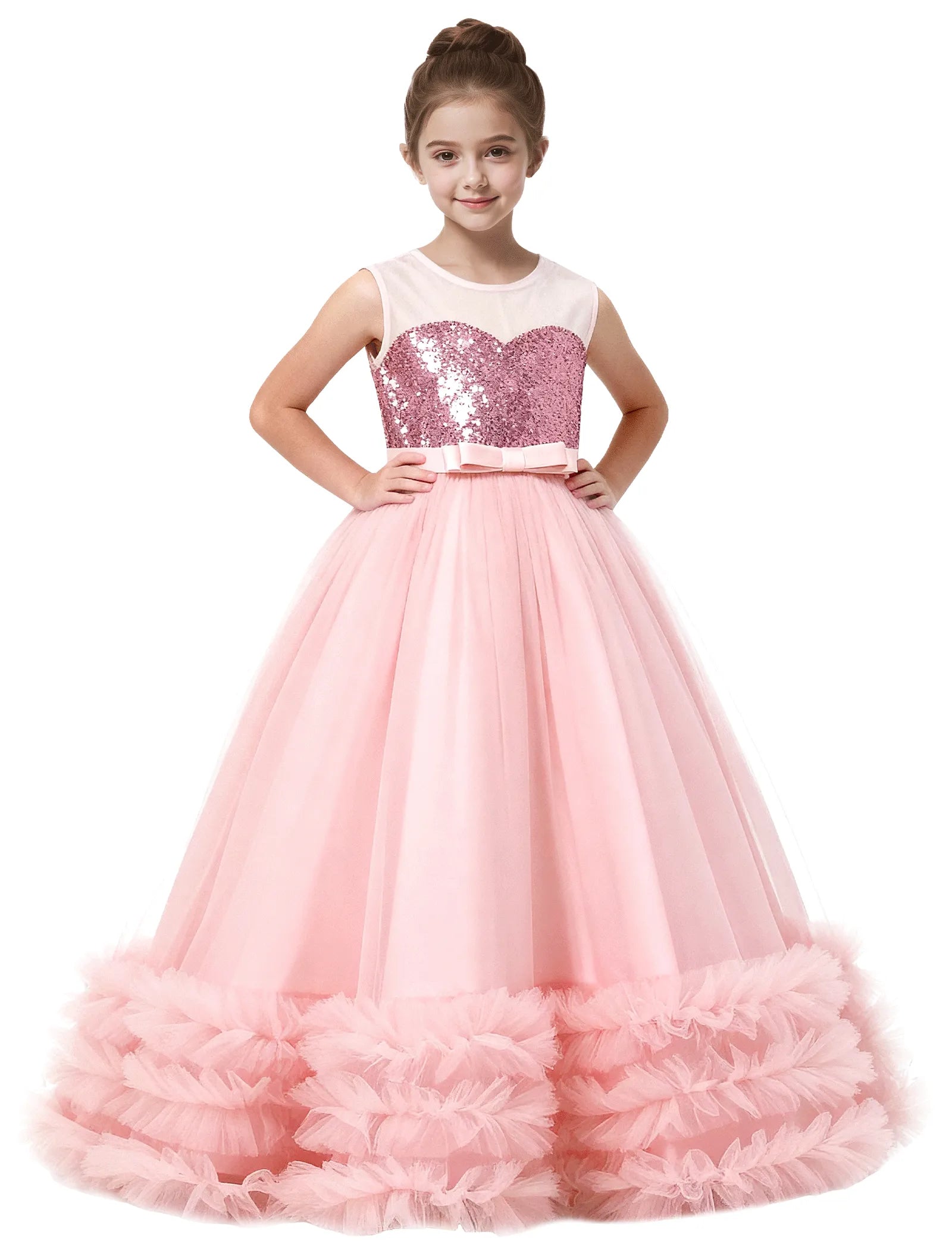 Sequin Tulle Ball Gown Dress with Bow for Girls