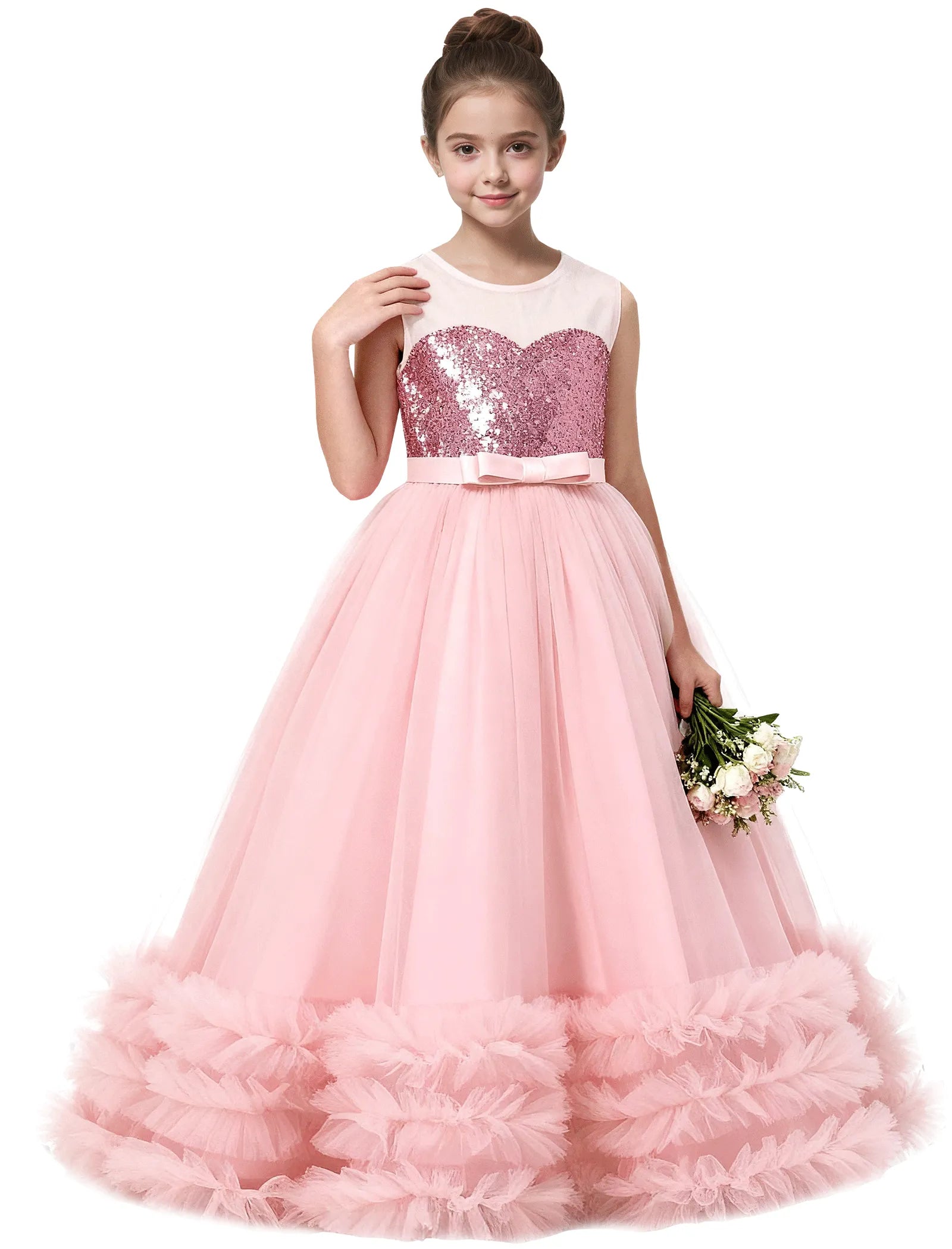 Sequin Tulle Ball Gown Dress with Bow for Girls