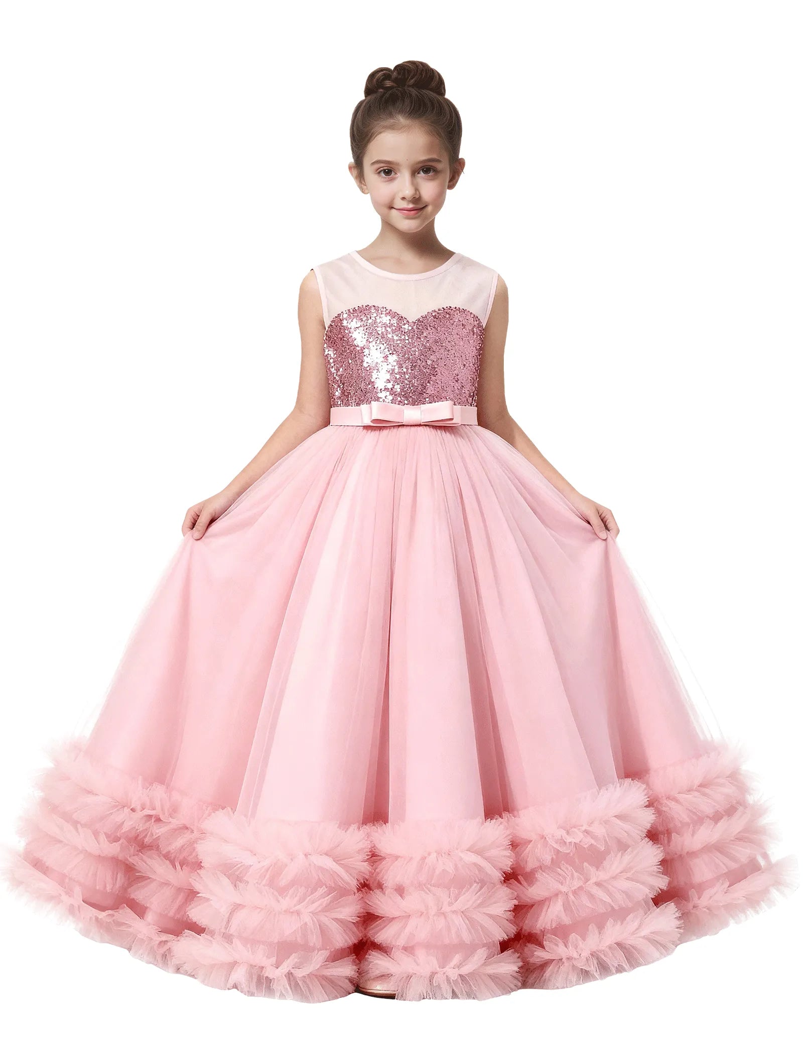 Sequin Tulle Ball Gown Dress with Bow for Girls