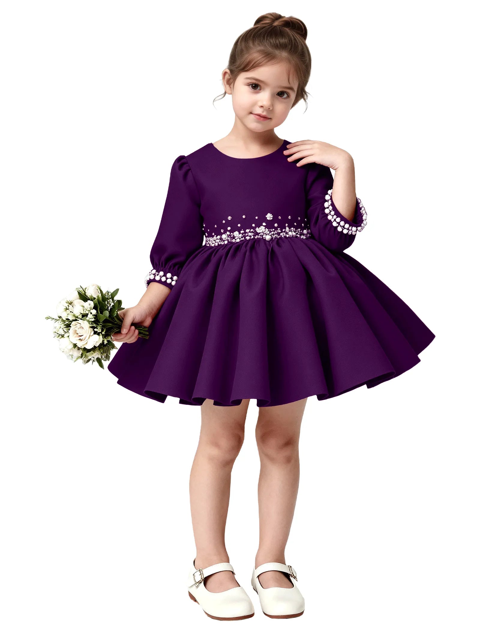 Girls Long Sleeve Satin Pearl Dress with Bow Back