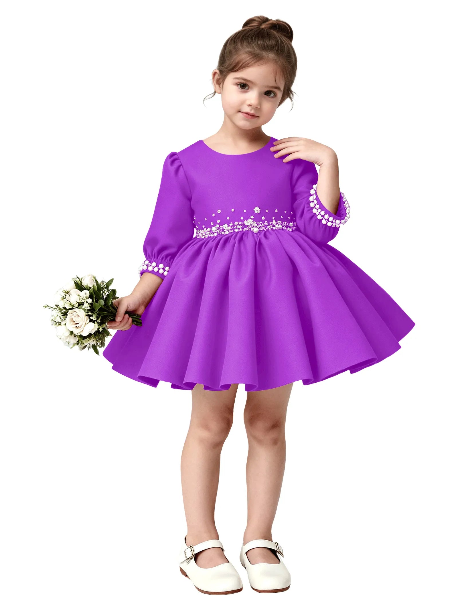 Girls Long Sleeve Satin Pearl Dress with Bow Back