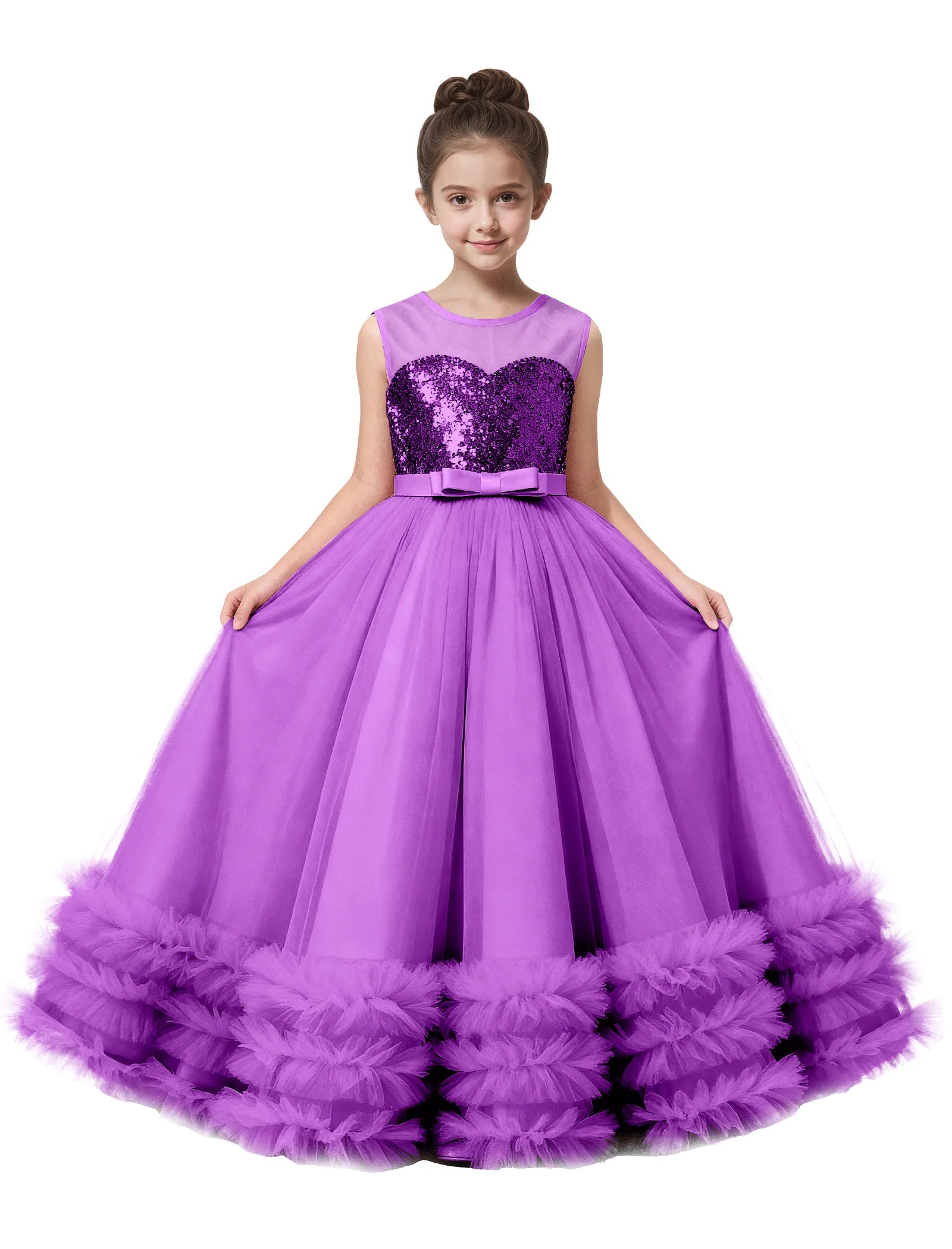 Sequin Tulle Ball Gown Dress with Bow for Girls