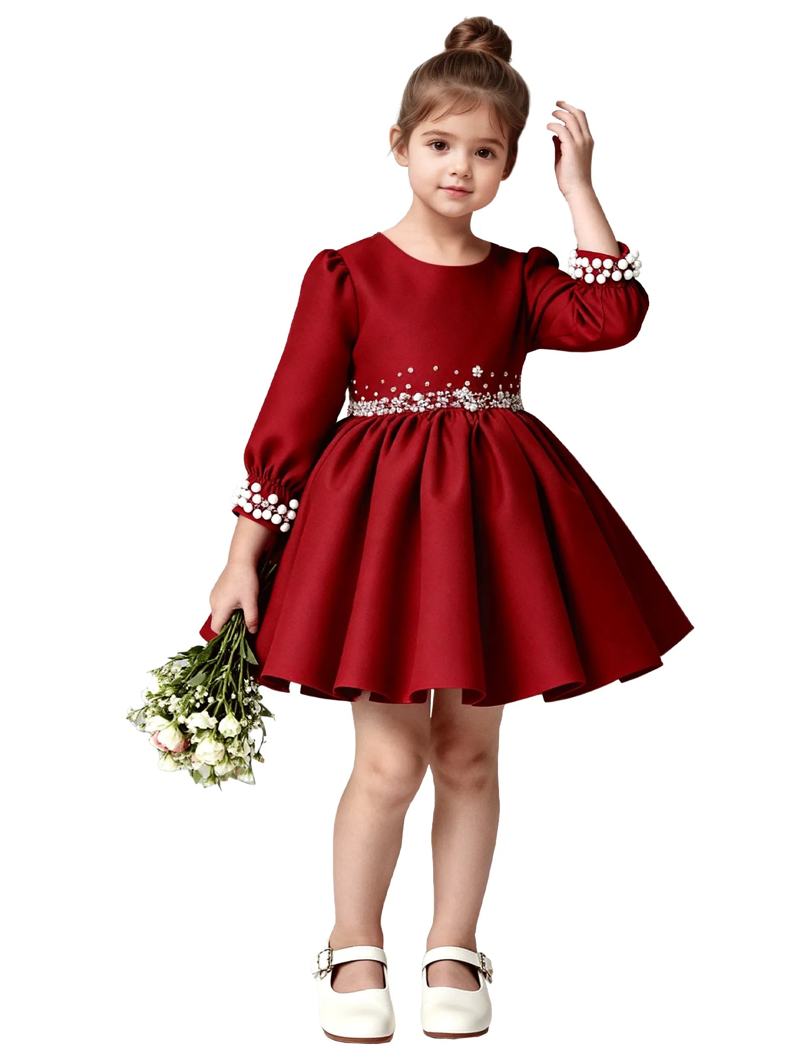 Girls Long Sleeve Satin Pearl Dress with Bow Back