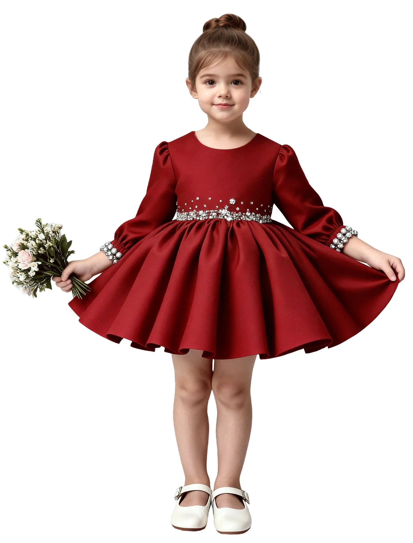 Girls Long Sleeve Satin Pearl Dress with Bow Back