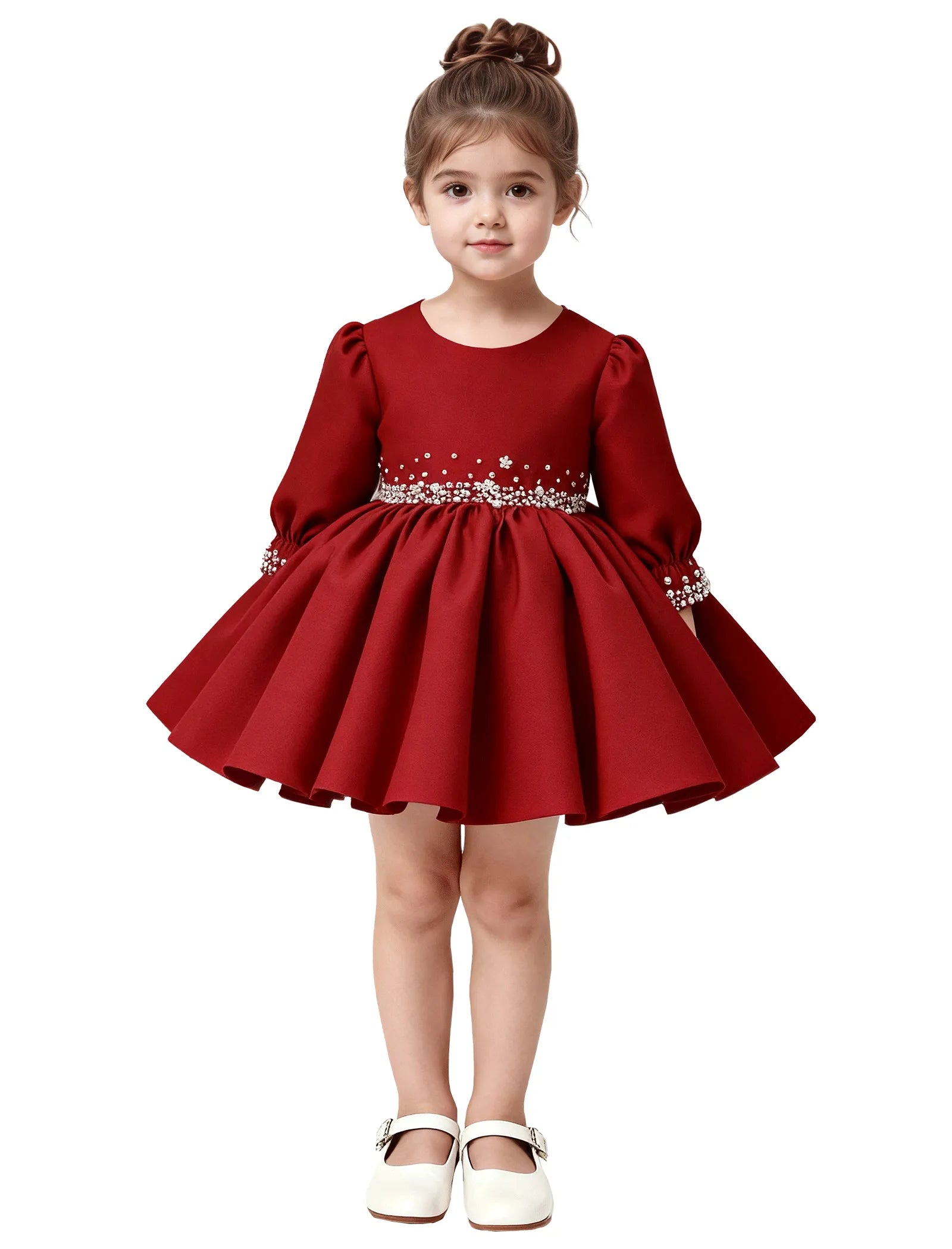 Girls Long Sleeve Satin Pearl Dress with Bow Back