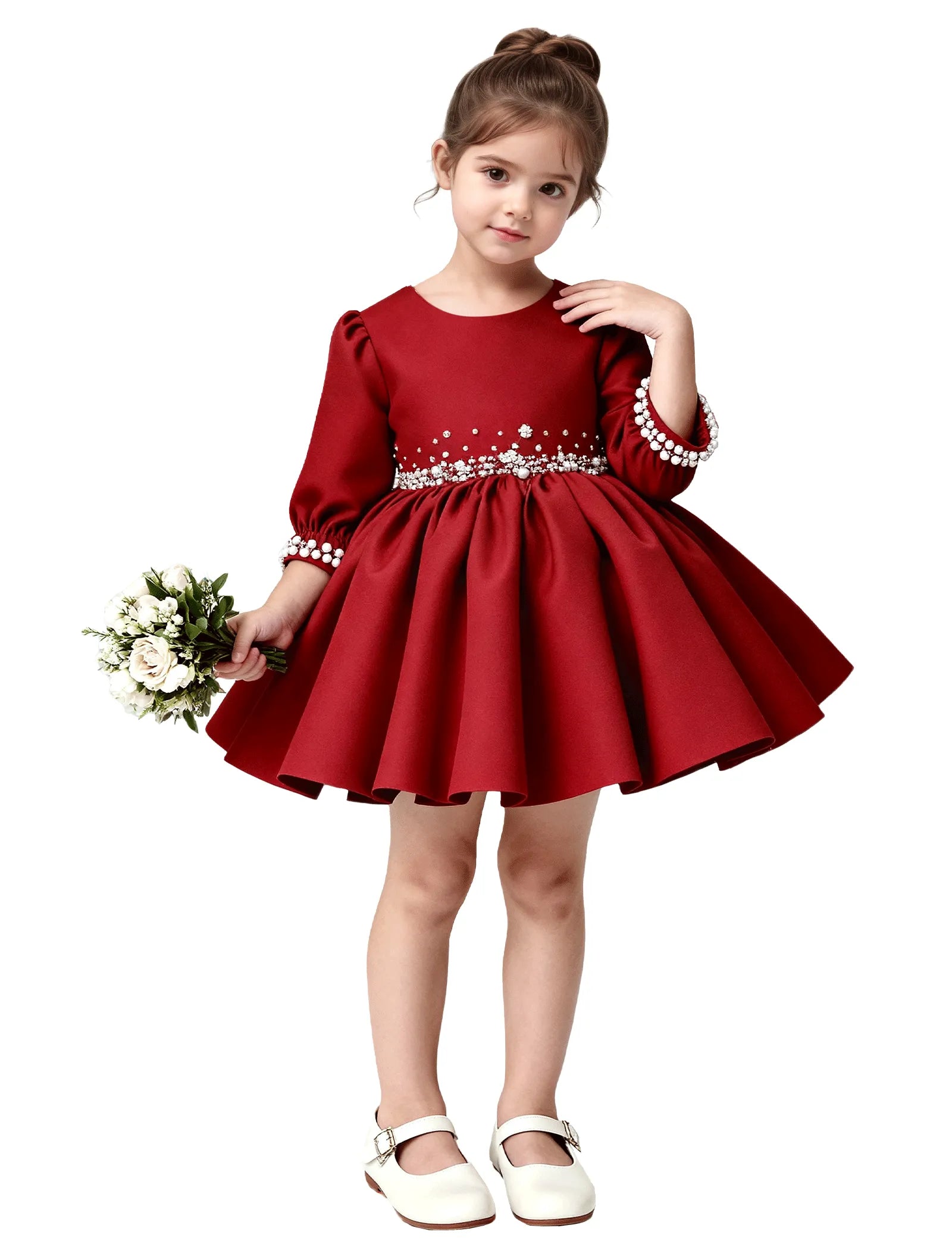 Girls Long Sleeve Satin Pearl Dress with Bow Back
