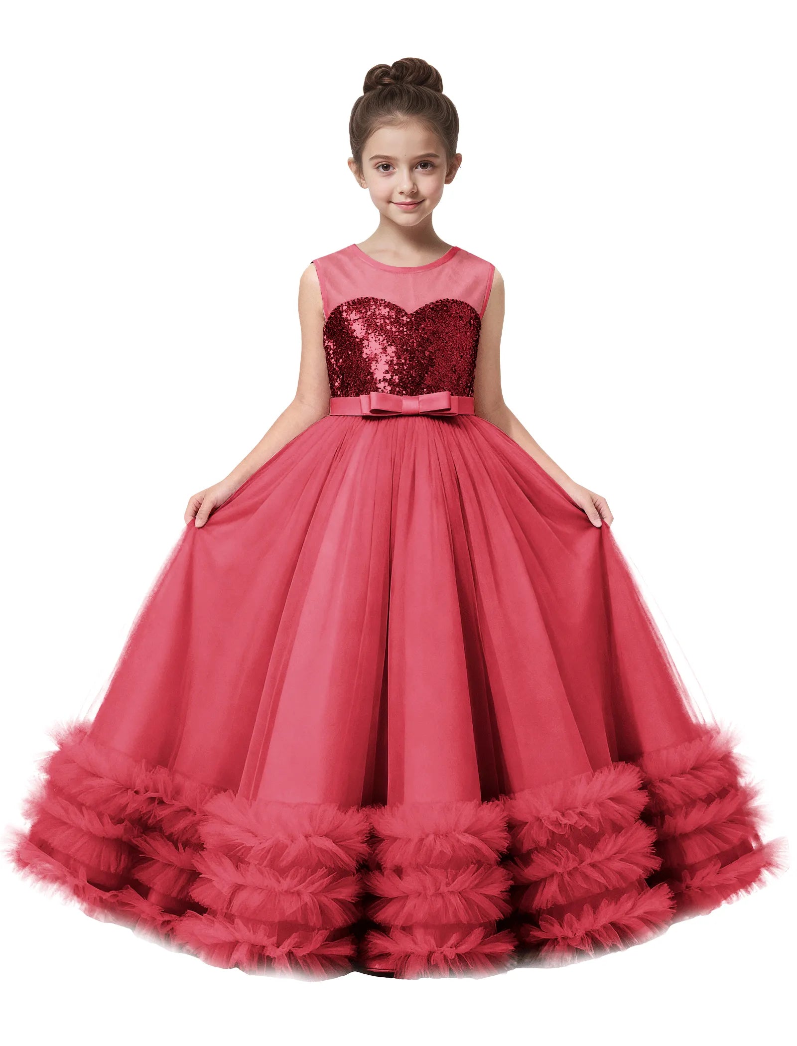 Sequin Tulle Ball Gown Dress with Bow for Girls