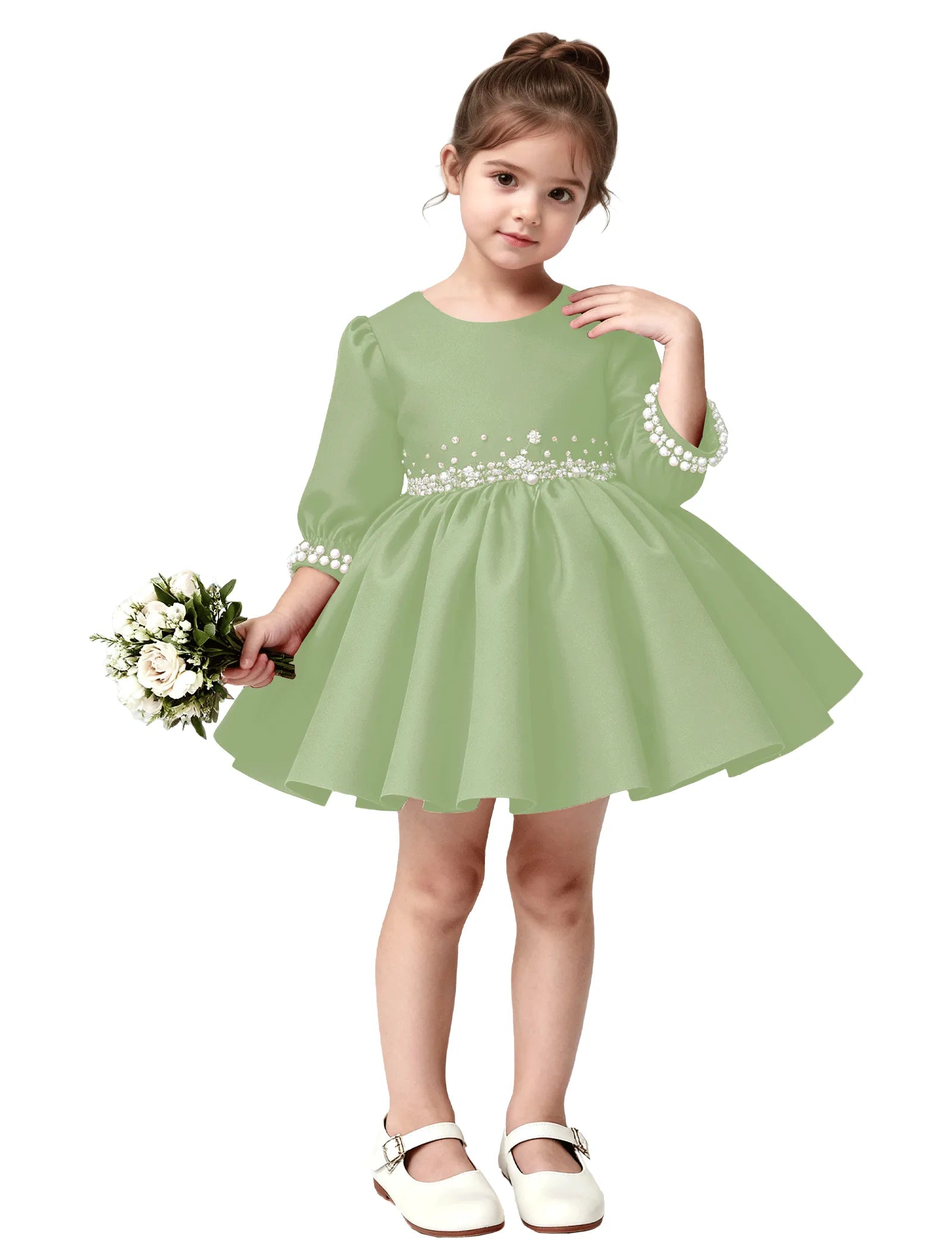 Girls Long Sleeve Satin Pearl Dress with Bow Back