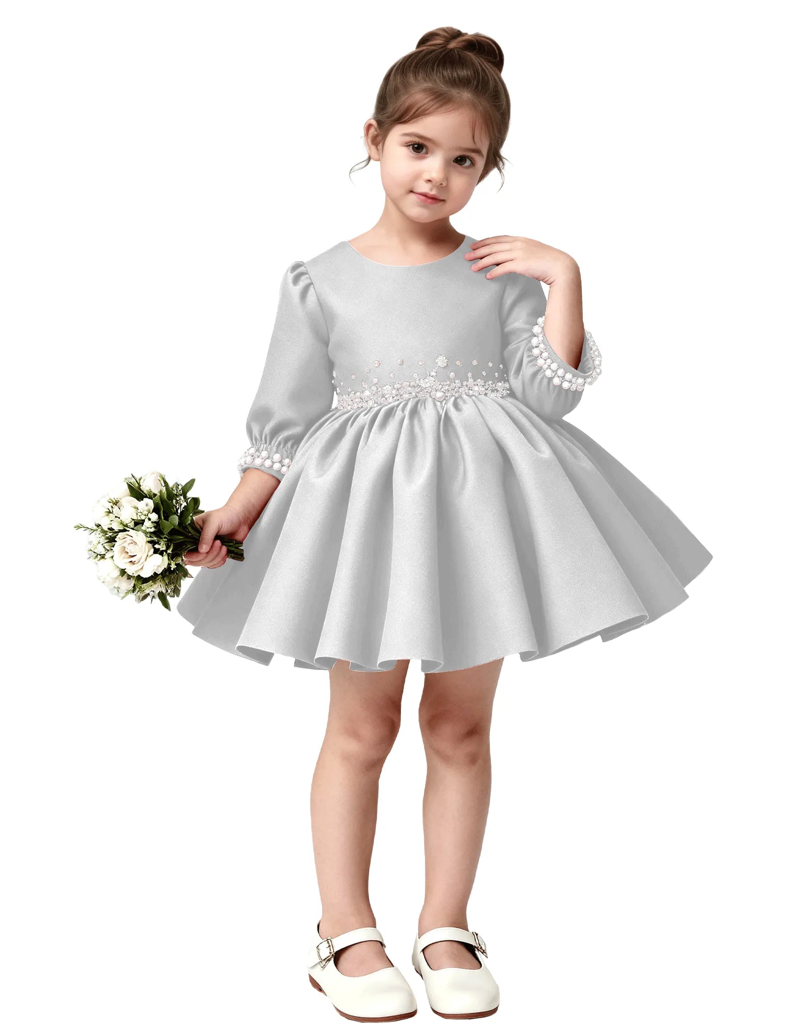 Girls Long Sleeve Satin Pearl Dress with Bow Back