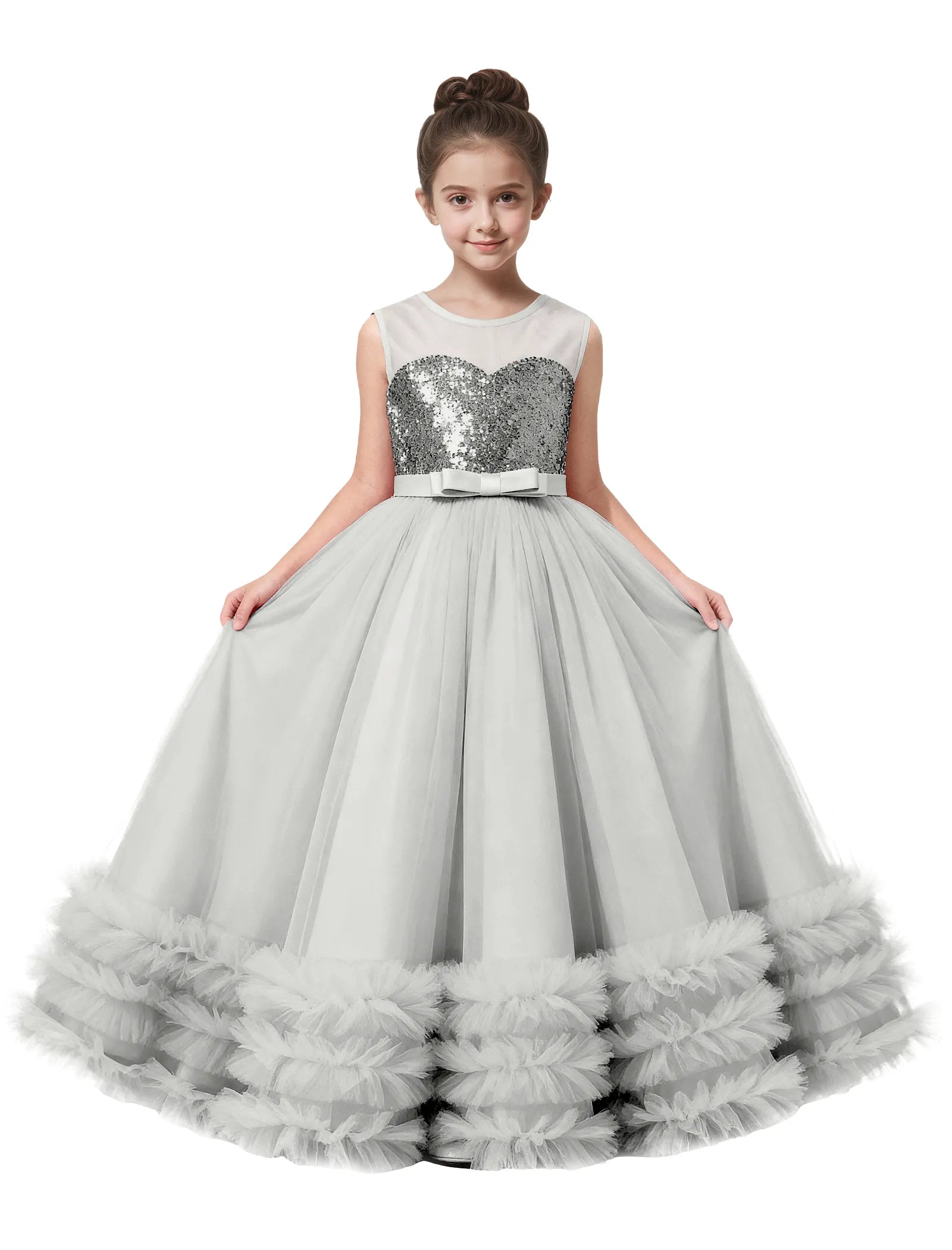 Sequin Tulle Ball Gown Dress with Bow for Girls