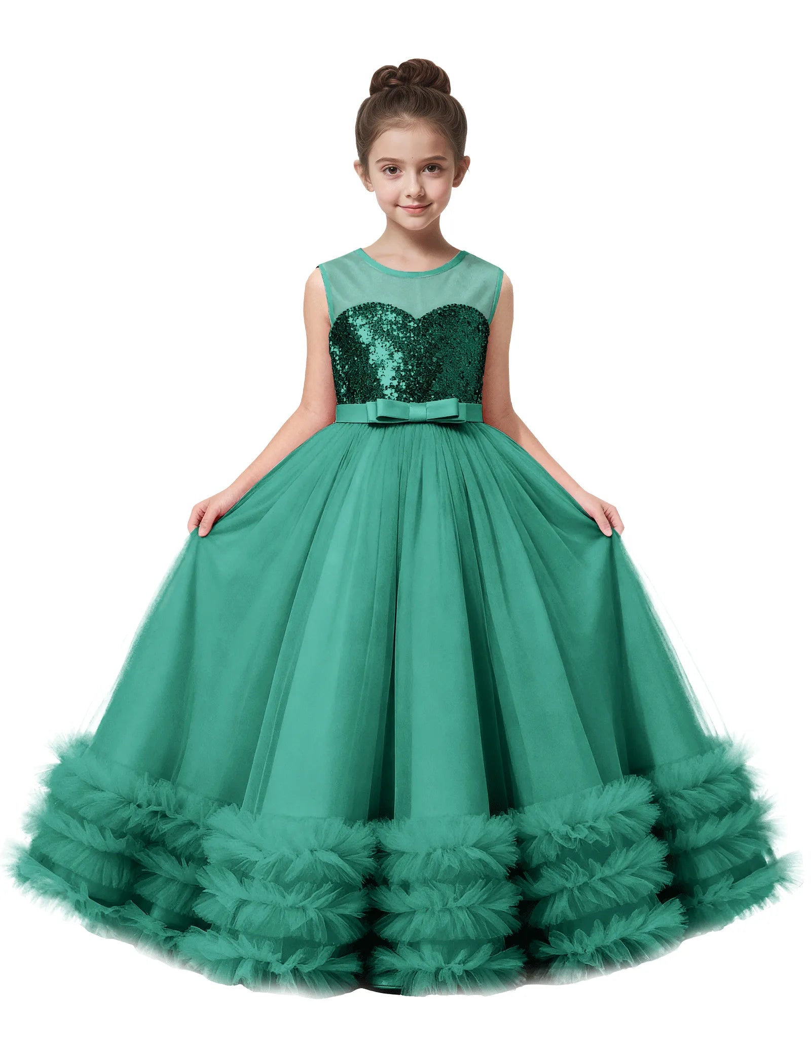 Sequin Tulle Ball Gown Dress with Bow for Girls