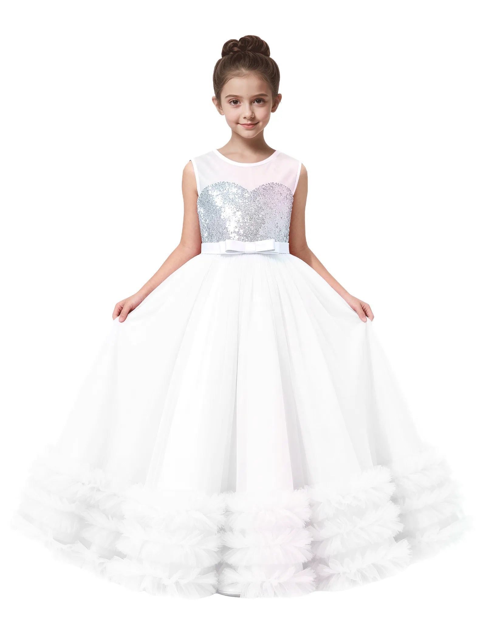 Sequin Tulle Ball Gown Dress with Bow for Girls