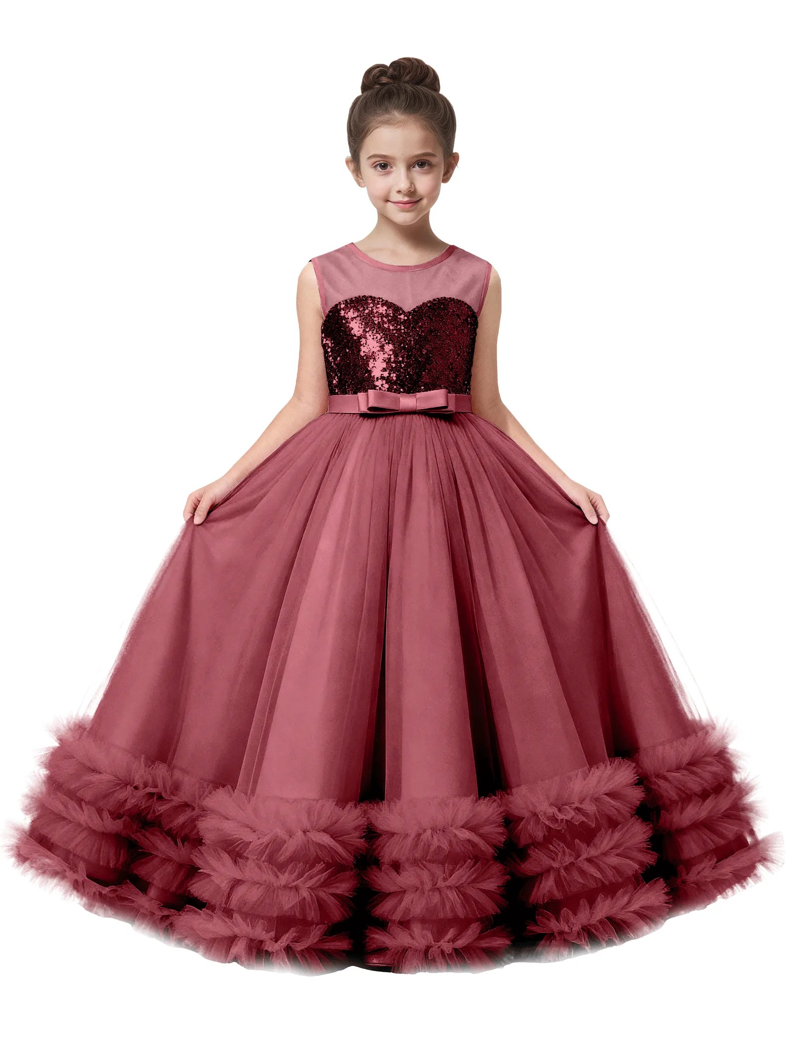 Sequin Tulle Ball Gown Dress with Bow for Girls