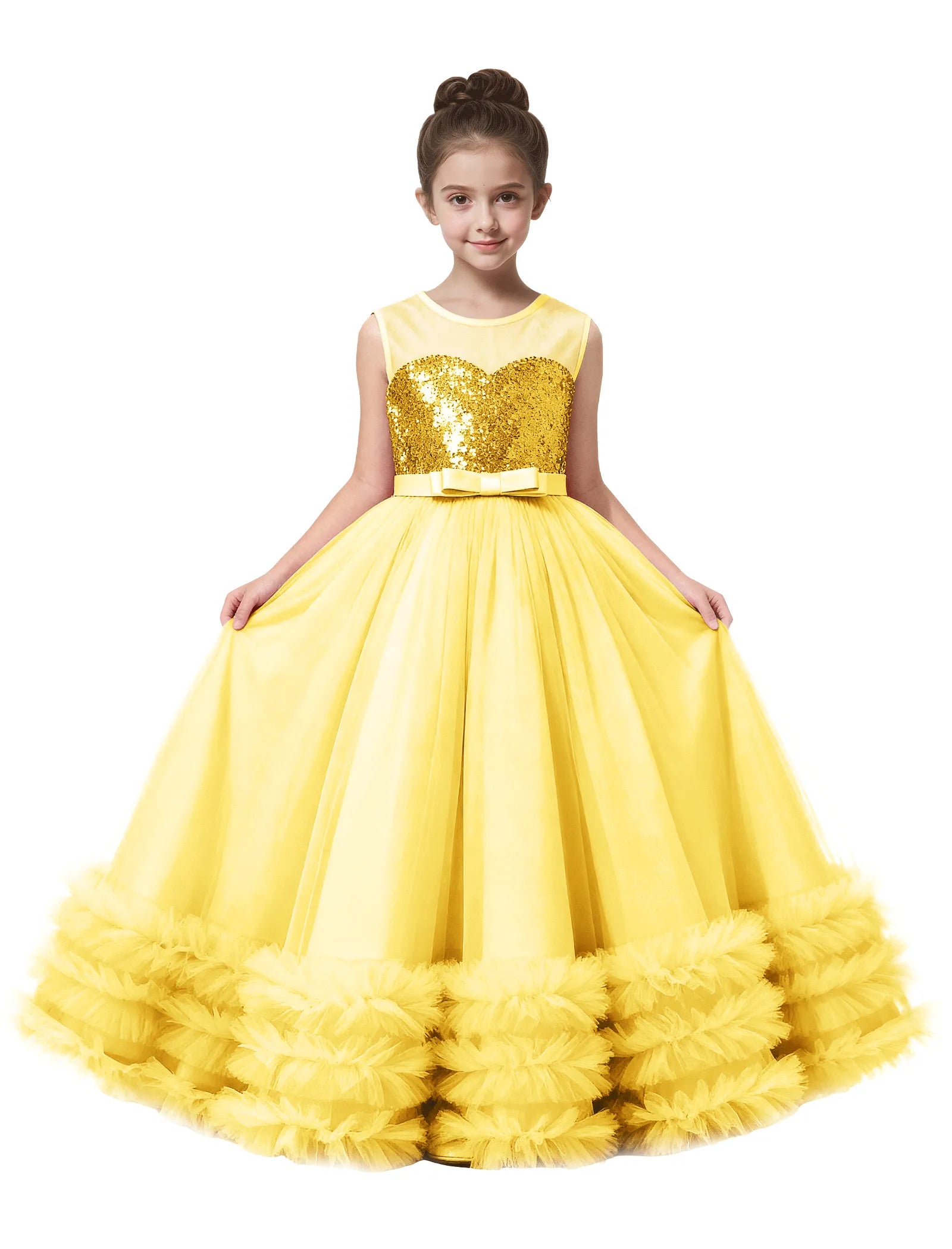 Sequin Tulle Ball Gown Dress with Bow for Girls