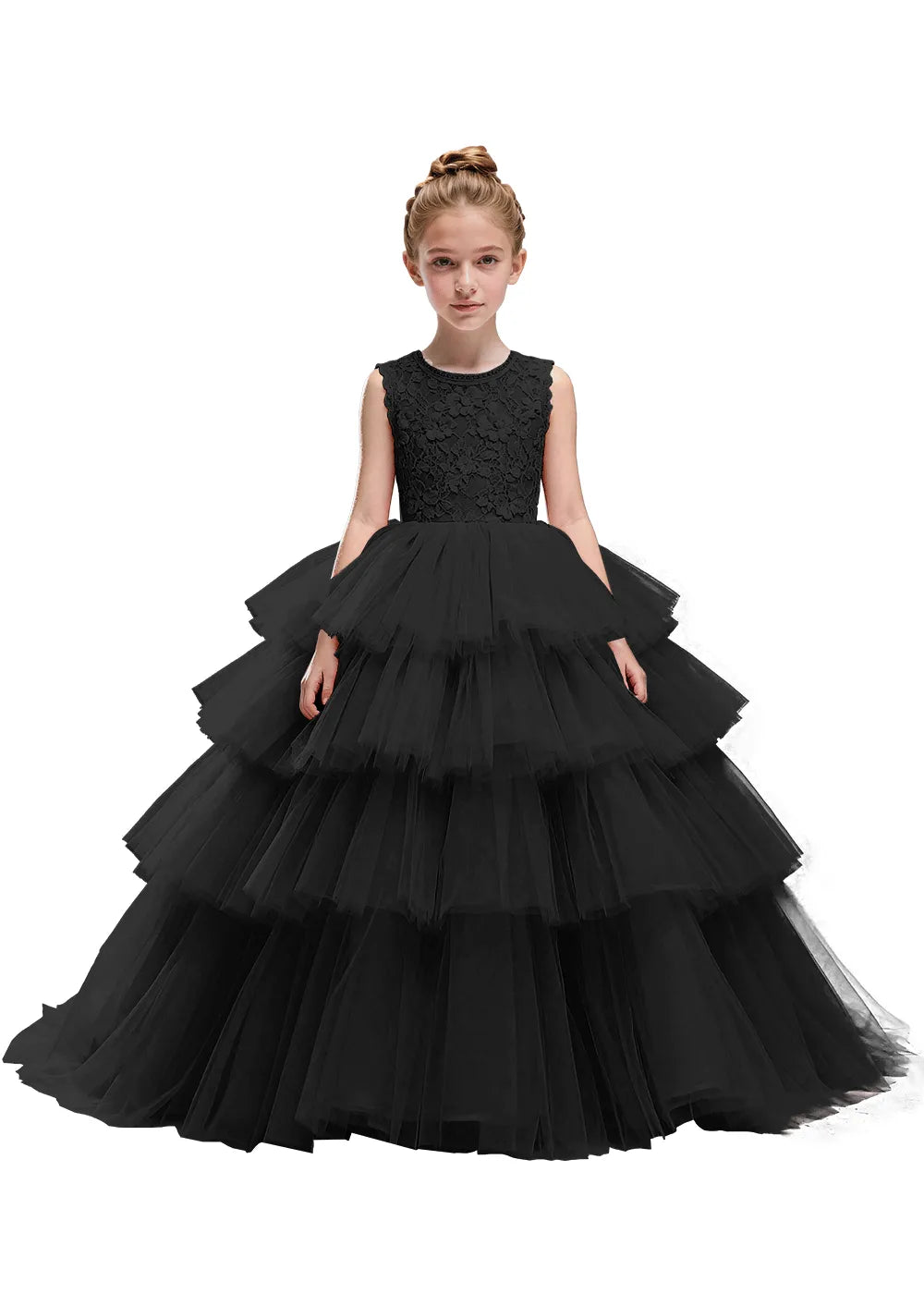 Floral Lace Kids Party Dress with Tiered Skirt