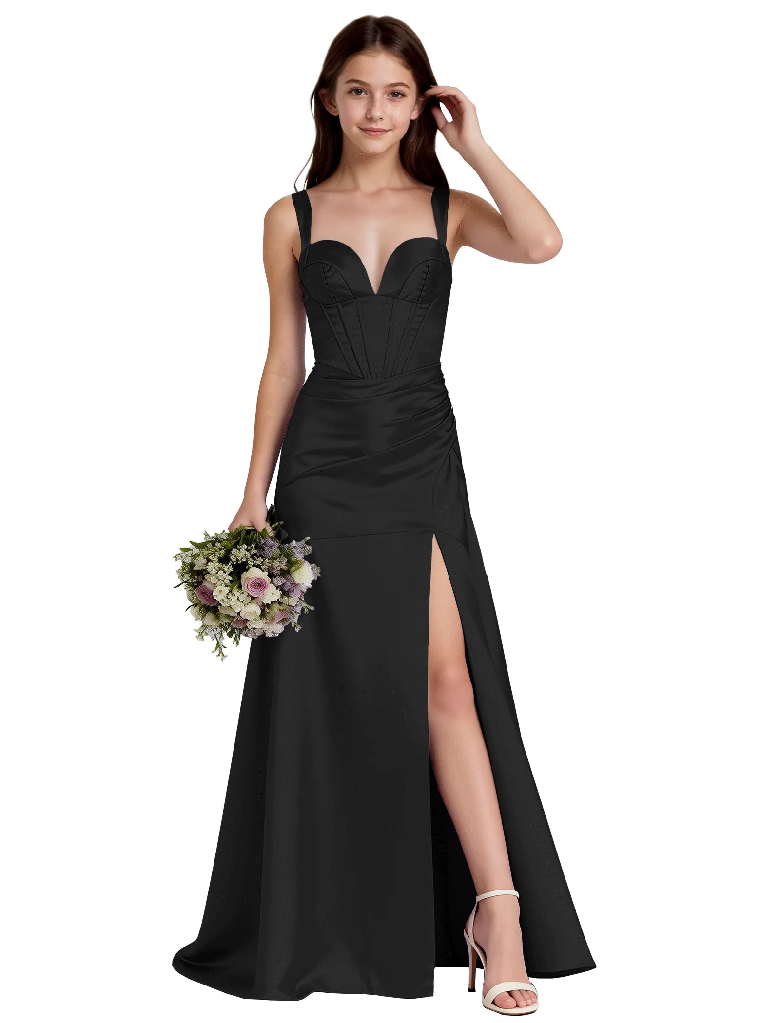 Shiny A-Line Satin Dress With Bustier Bodice for Girls