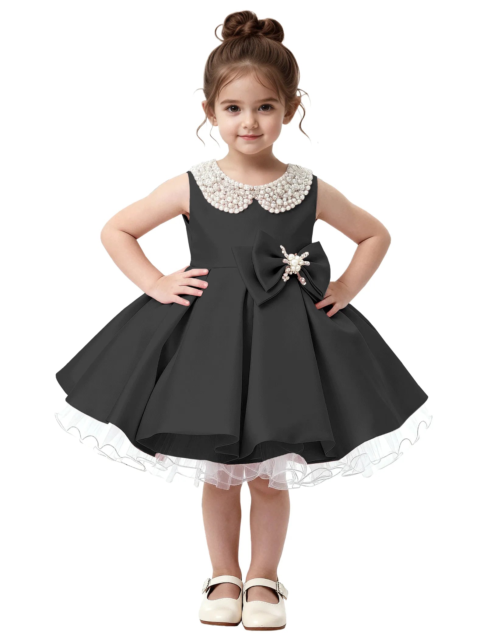 Pearl Collar Satin Flower Girl Dress with Big Bow