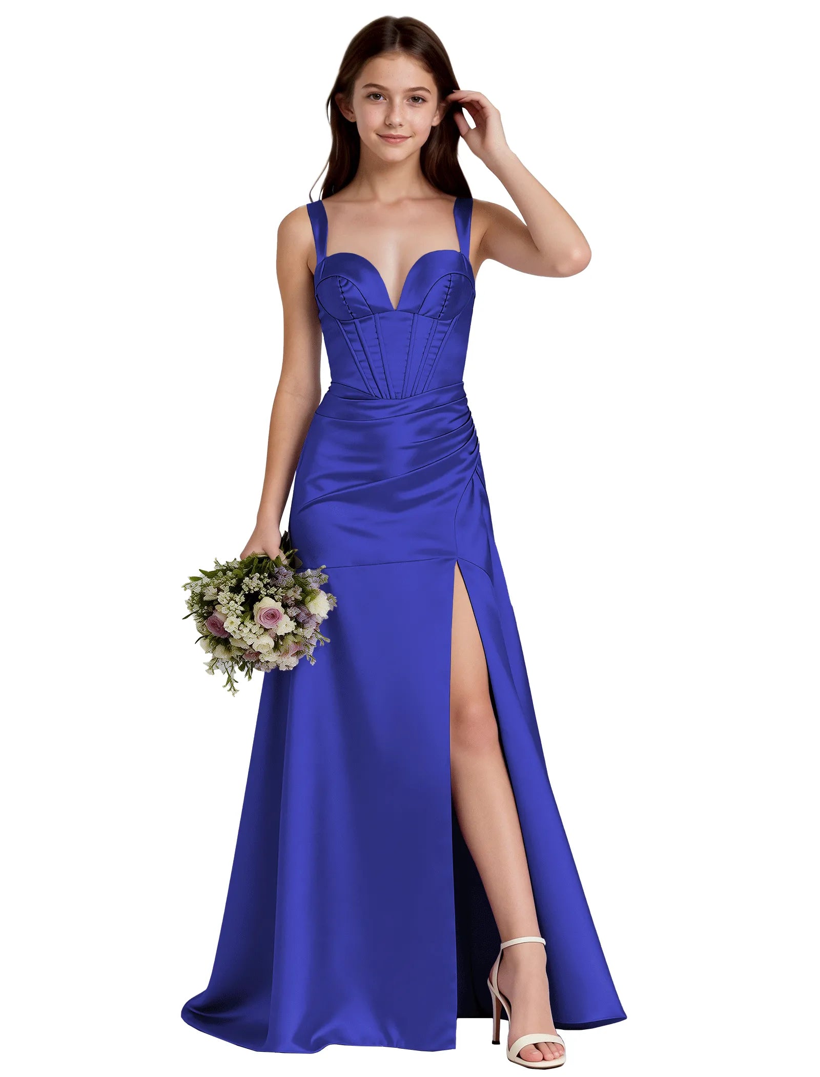 Shiny A-Line Satin Dress With Bustier Bodice for Girls