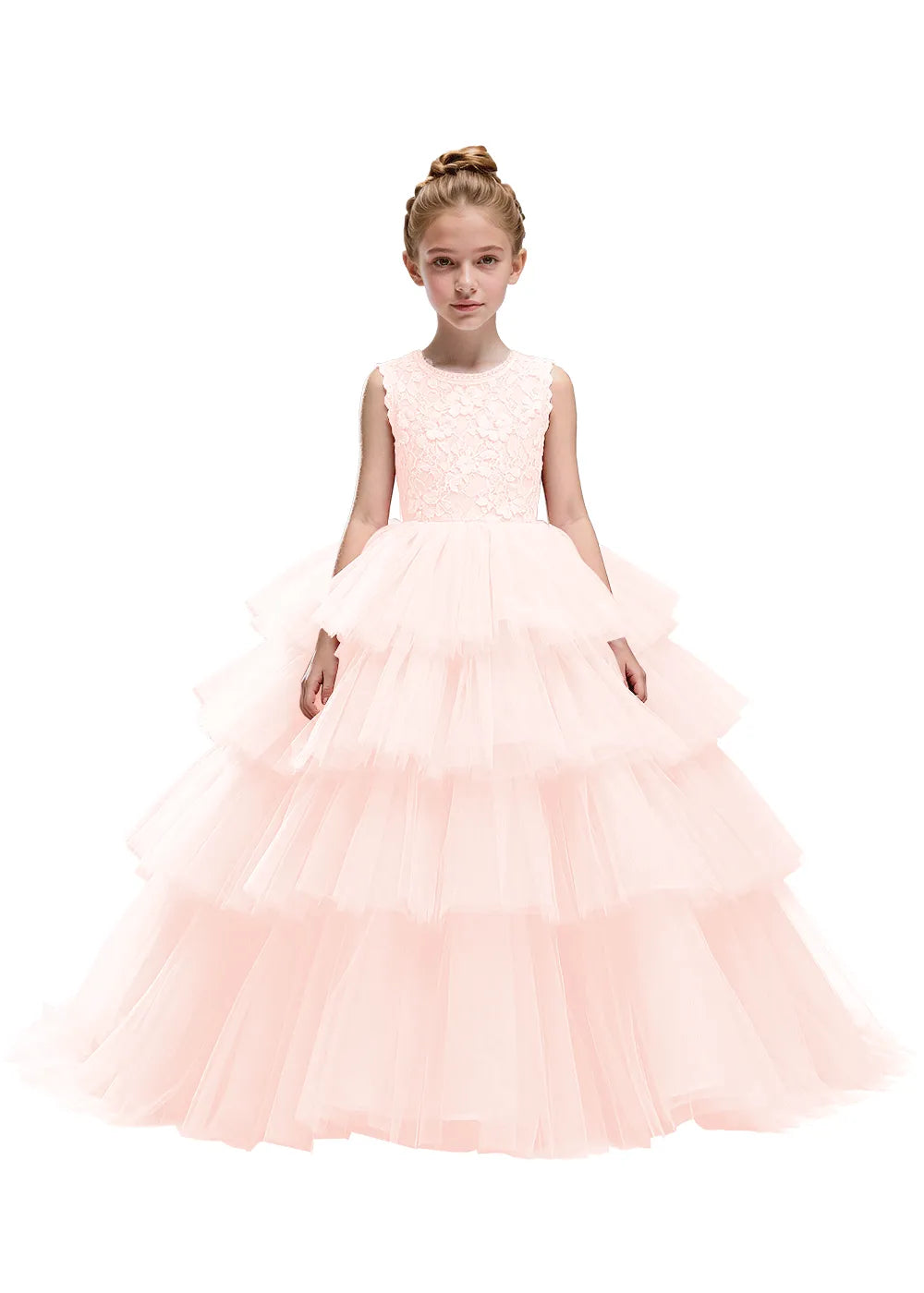 Floral Lace Kids Party Dress with Tiered Skirt