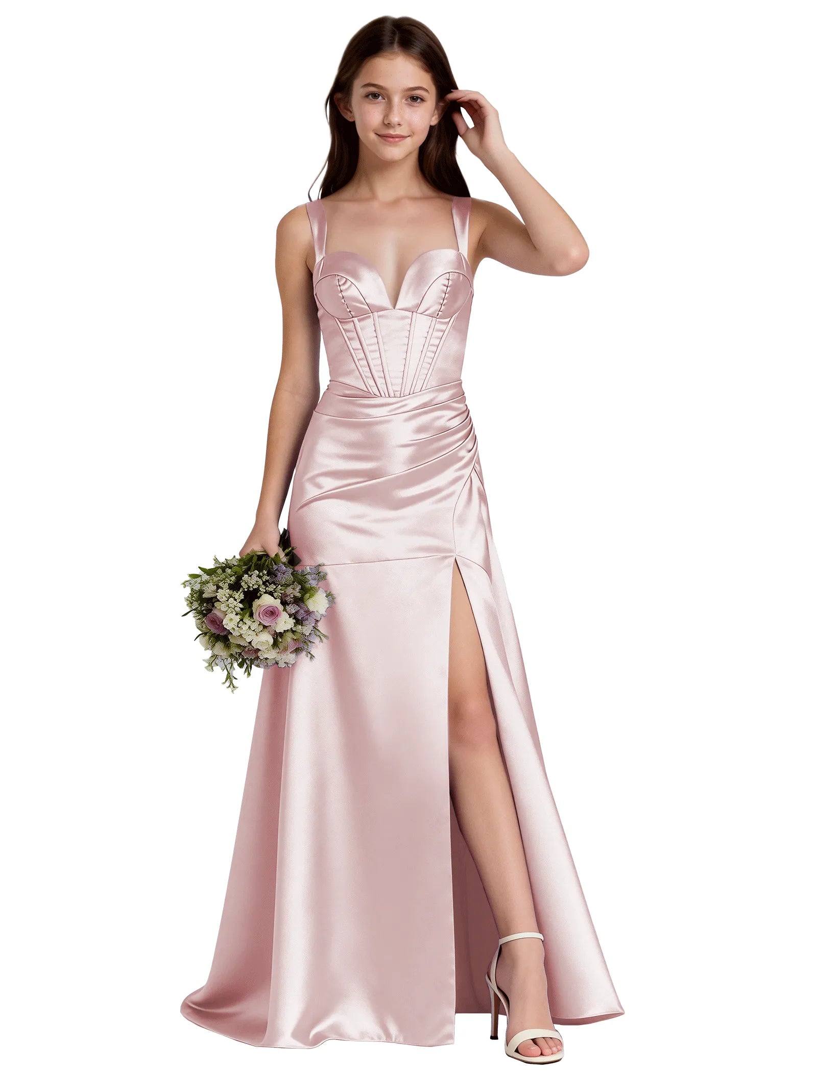 Shiny A-Line Satin Dress With Bustier Bodice for Girls