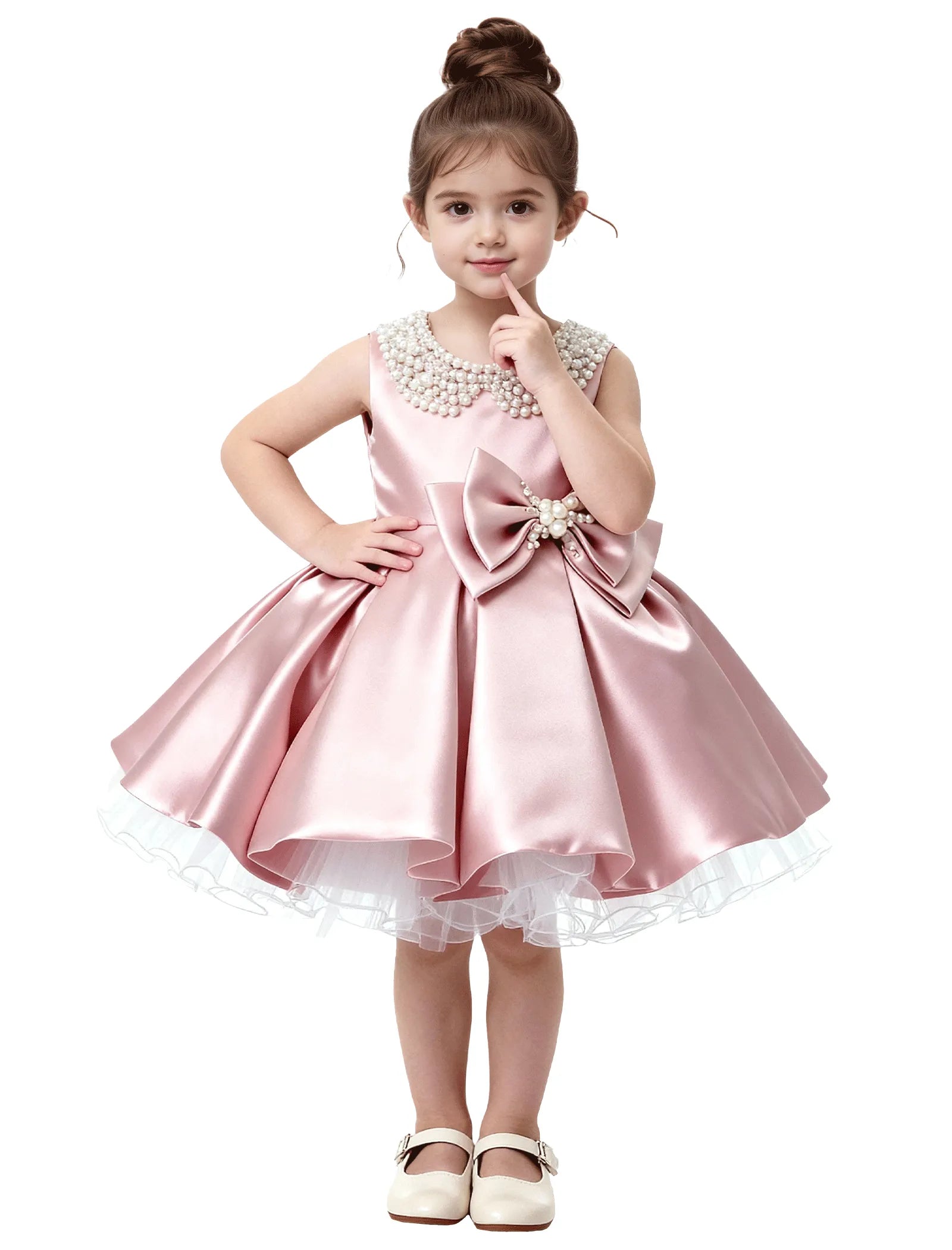 Pearl Collar Satin Flower Girl Dress with Big Bow