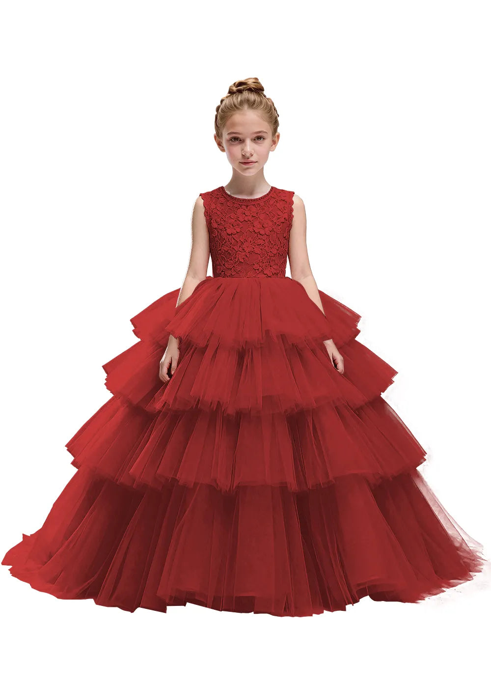 Floral Lace Kids Party Dress with Tiered Skirt