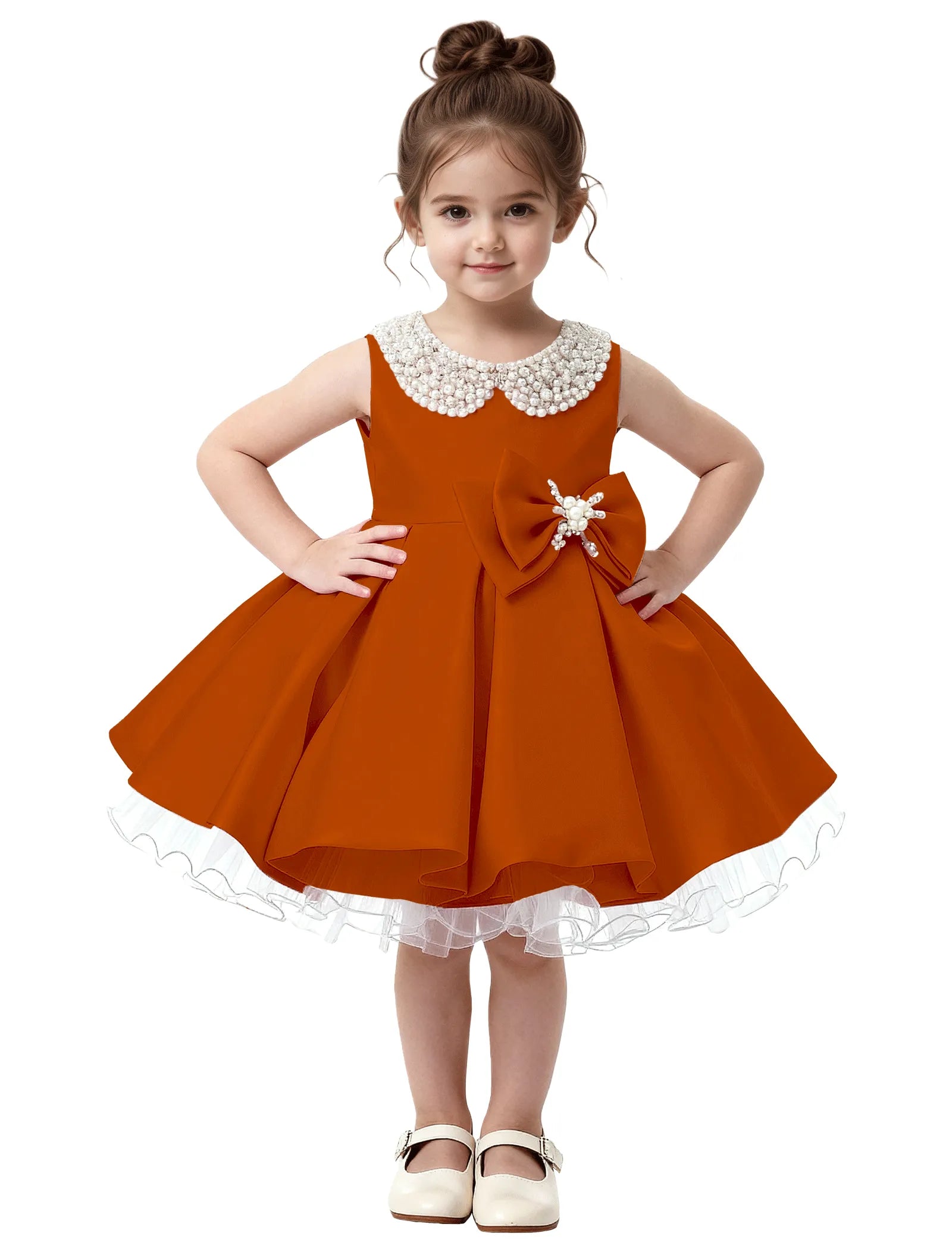 Pearl Collar Satin Flower Girl Dress with Big Bow