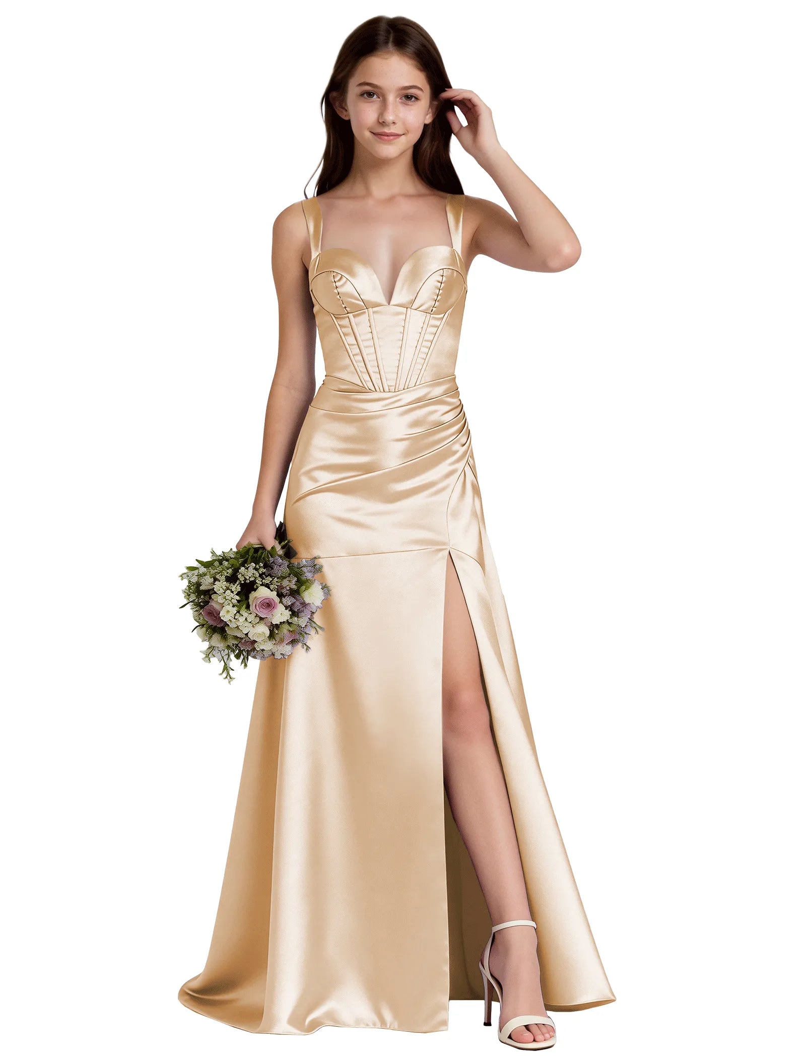 Shiny A-Line Satin Dress With Bustier Bodice for Girls