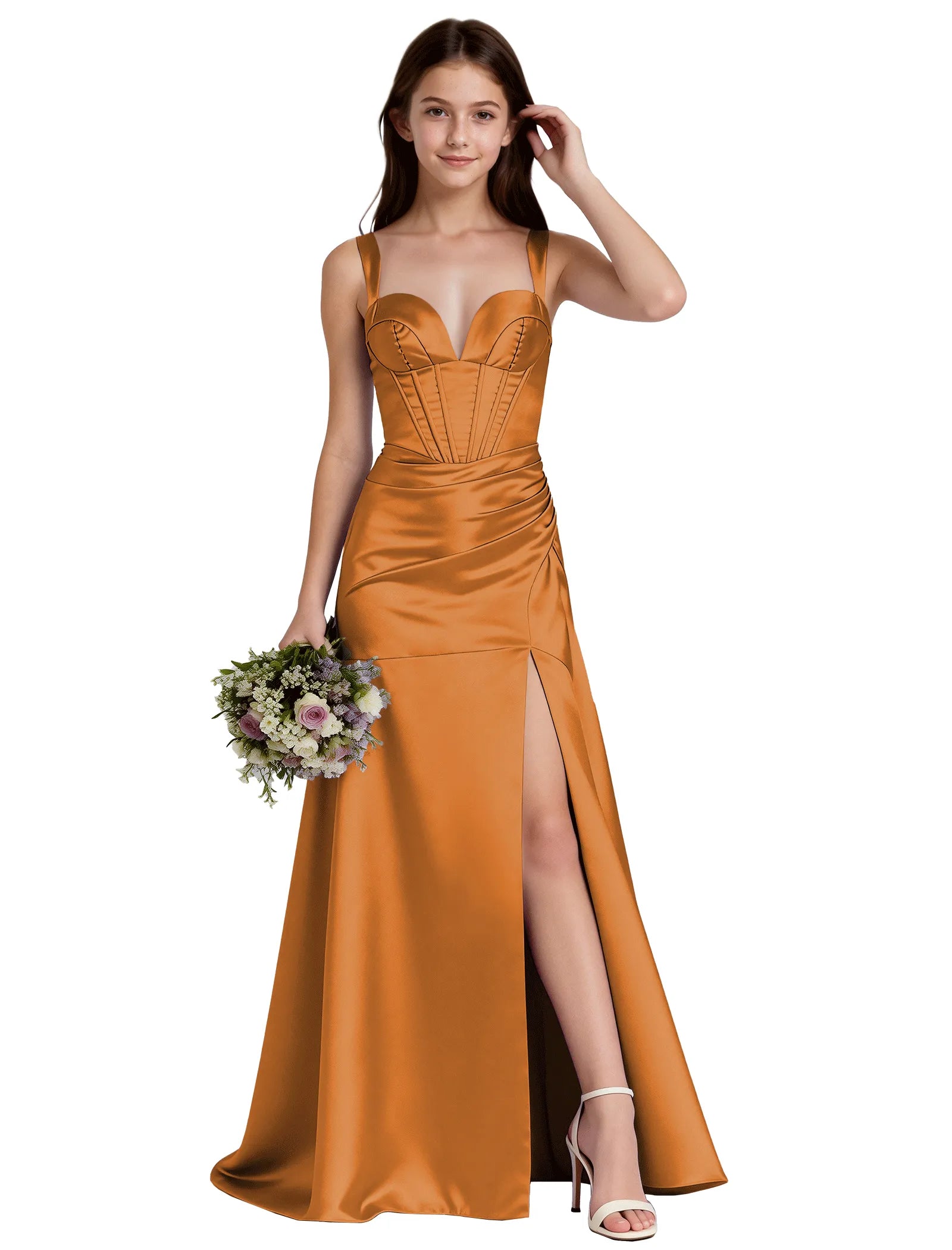 Shiny A-Line Satin Dress With Bustier Bodice for Girls